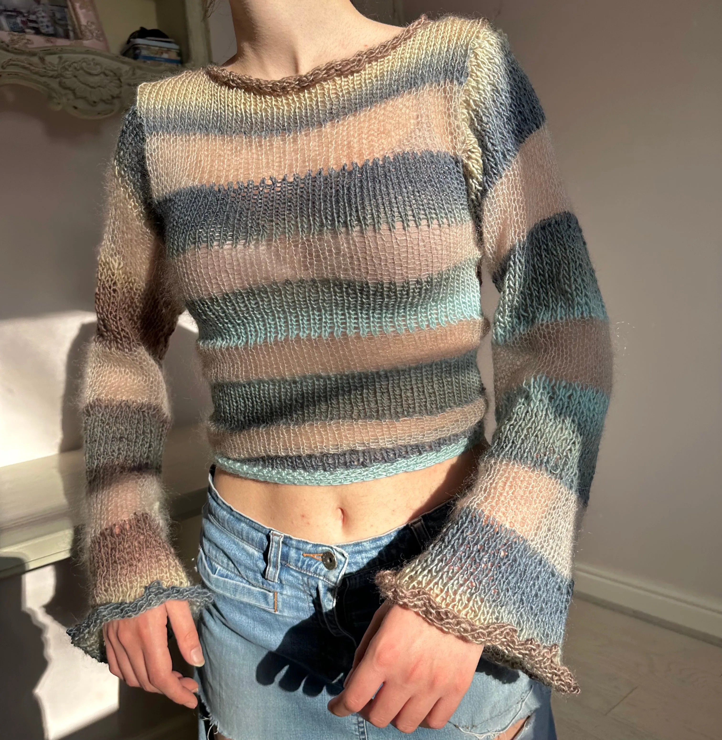 Handmade striped blue, brown and beige knitted mohair jumper with flared sleeves