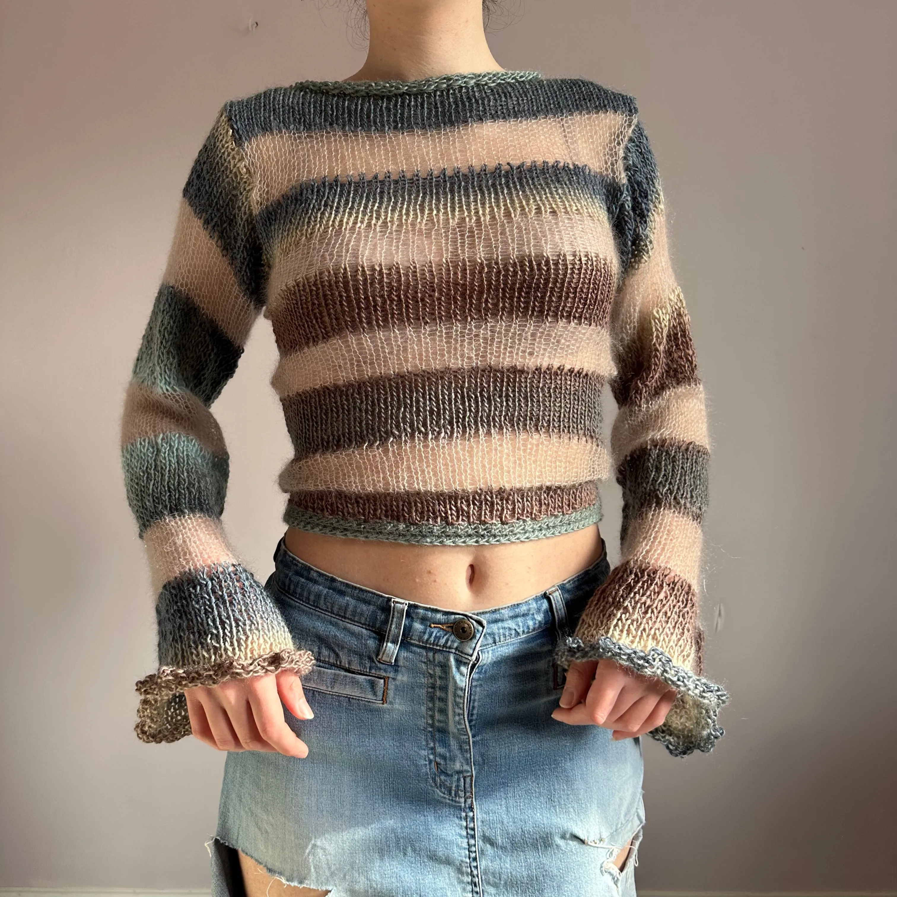 Handmade striped blue, brown and beige knitted mohair jumper with flared sleeves