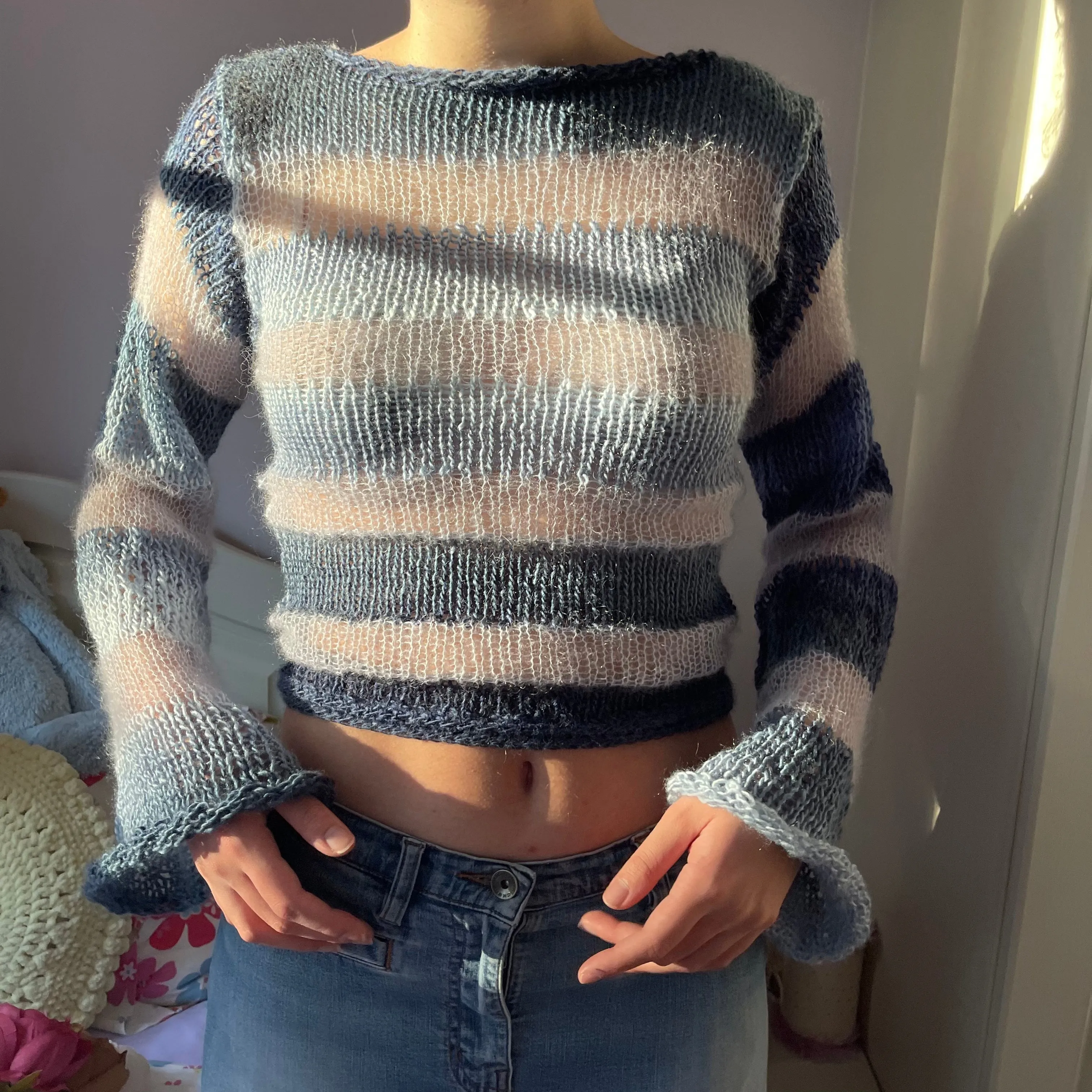 Handmade striped blue knitted mohair jumper with flared sleeves