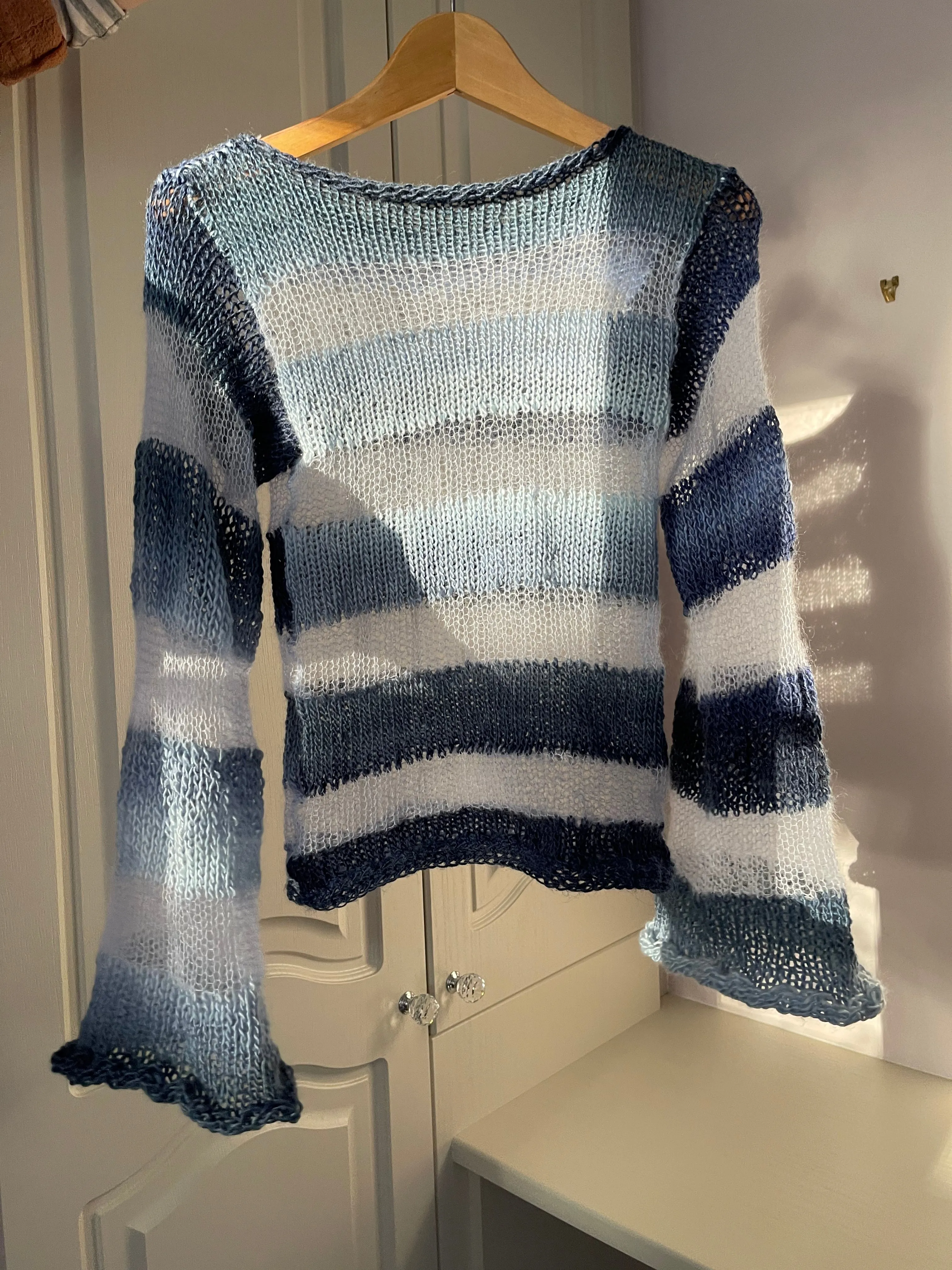 Handmade striped blue knitted mohair jumper with flared sleeves