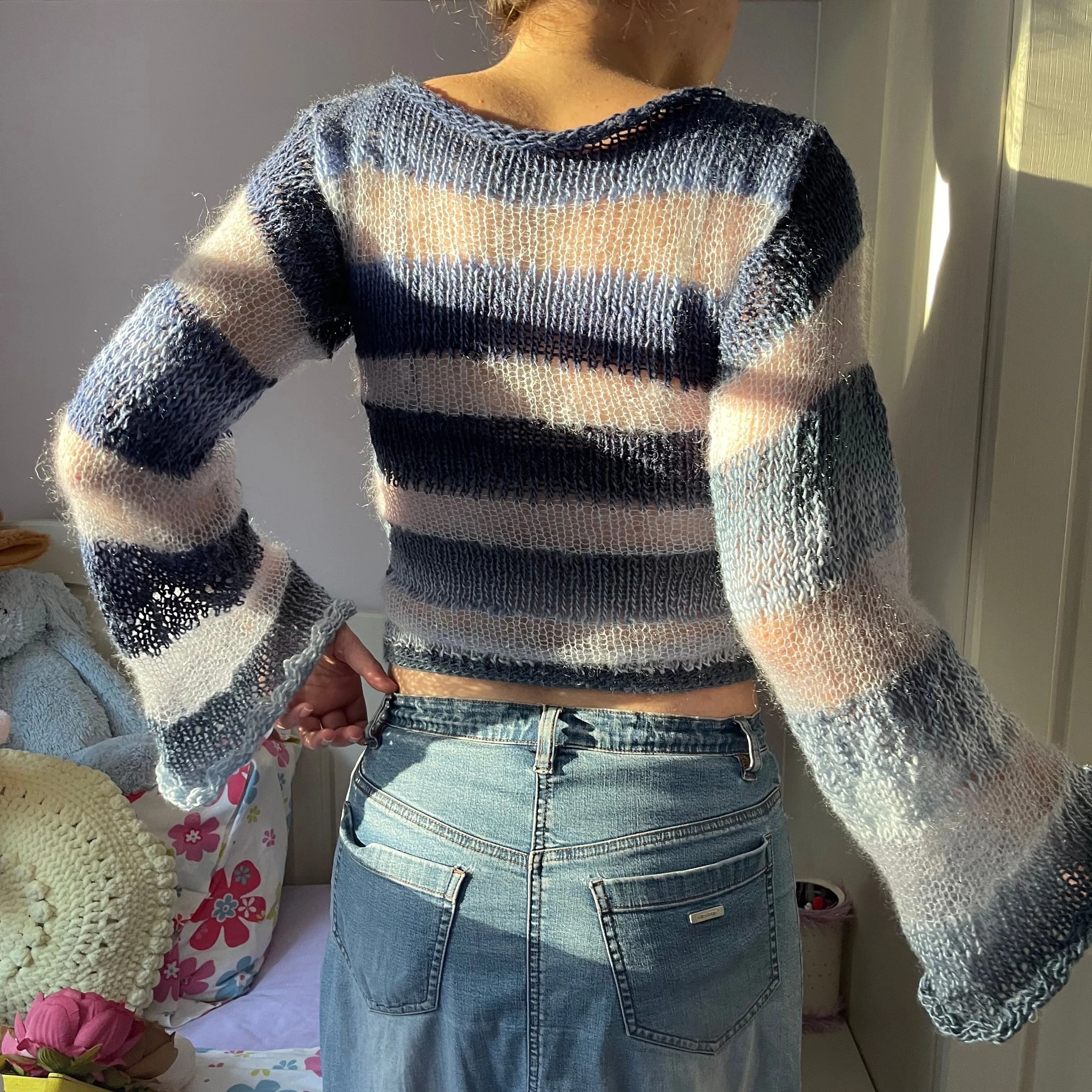 Handmade striped blue knitted mohair jumper with flared sleeves