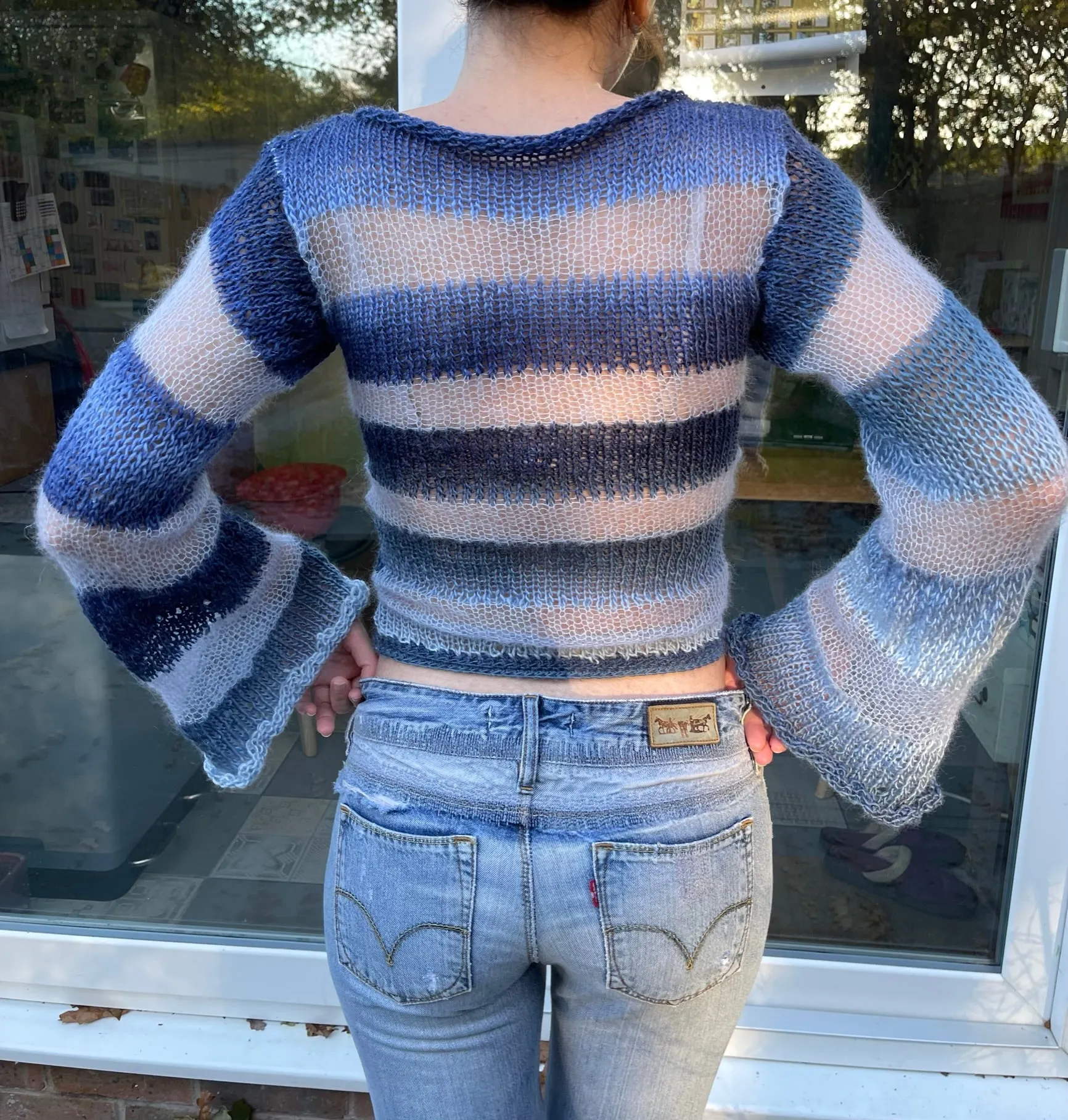 Handmade striped blue knitted mohair jumper with flared sleeves