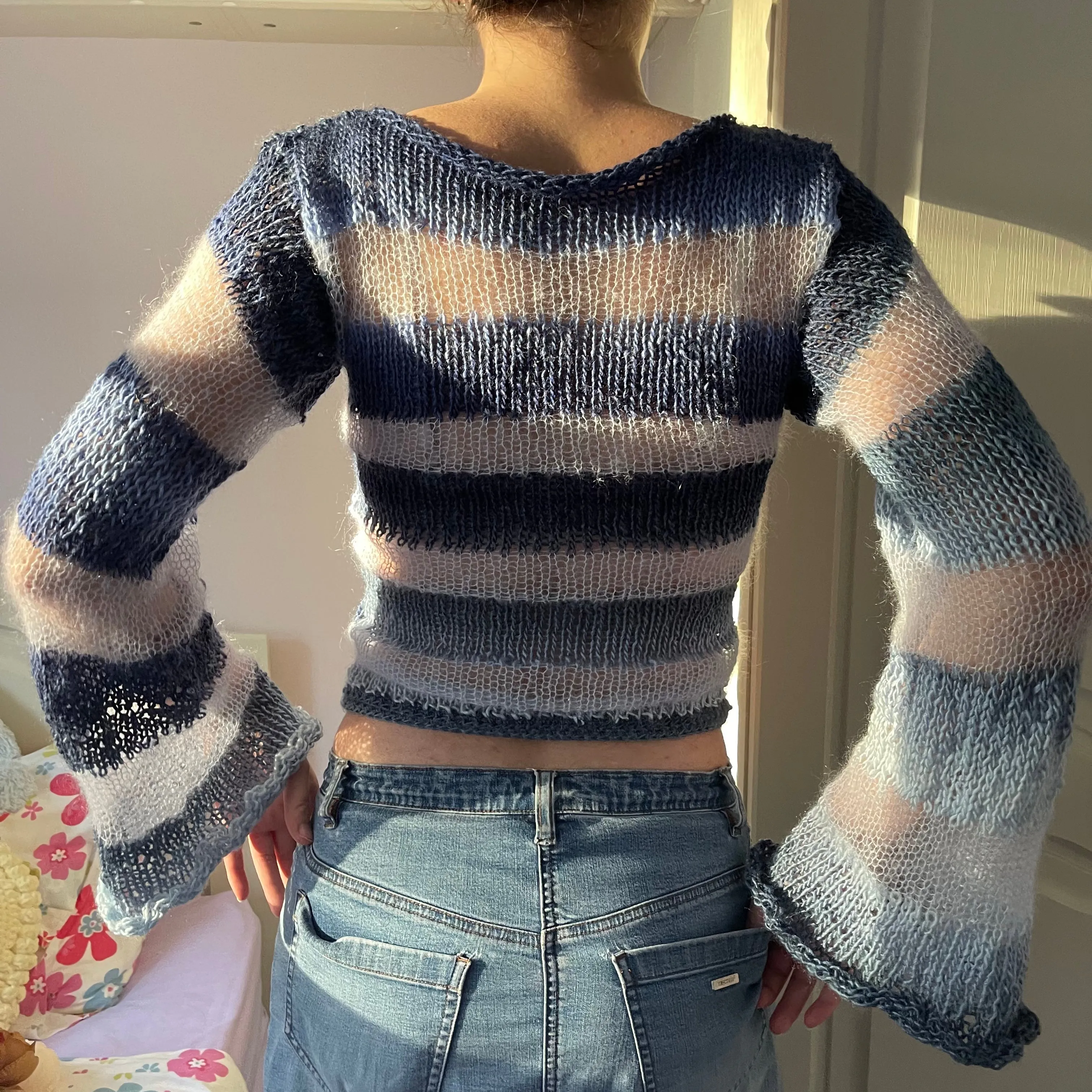 Handmade striped blue knitted mohair jumper with flared sleeves