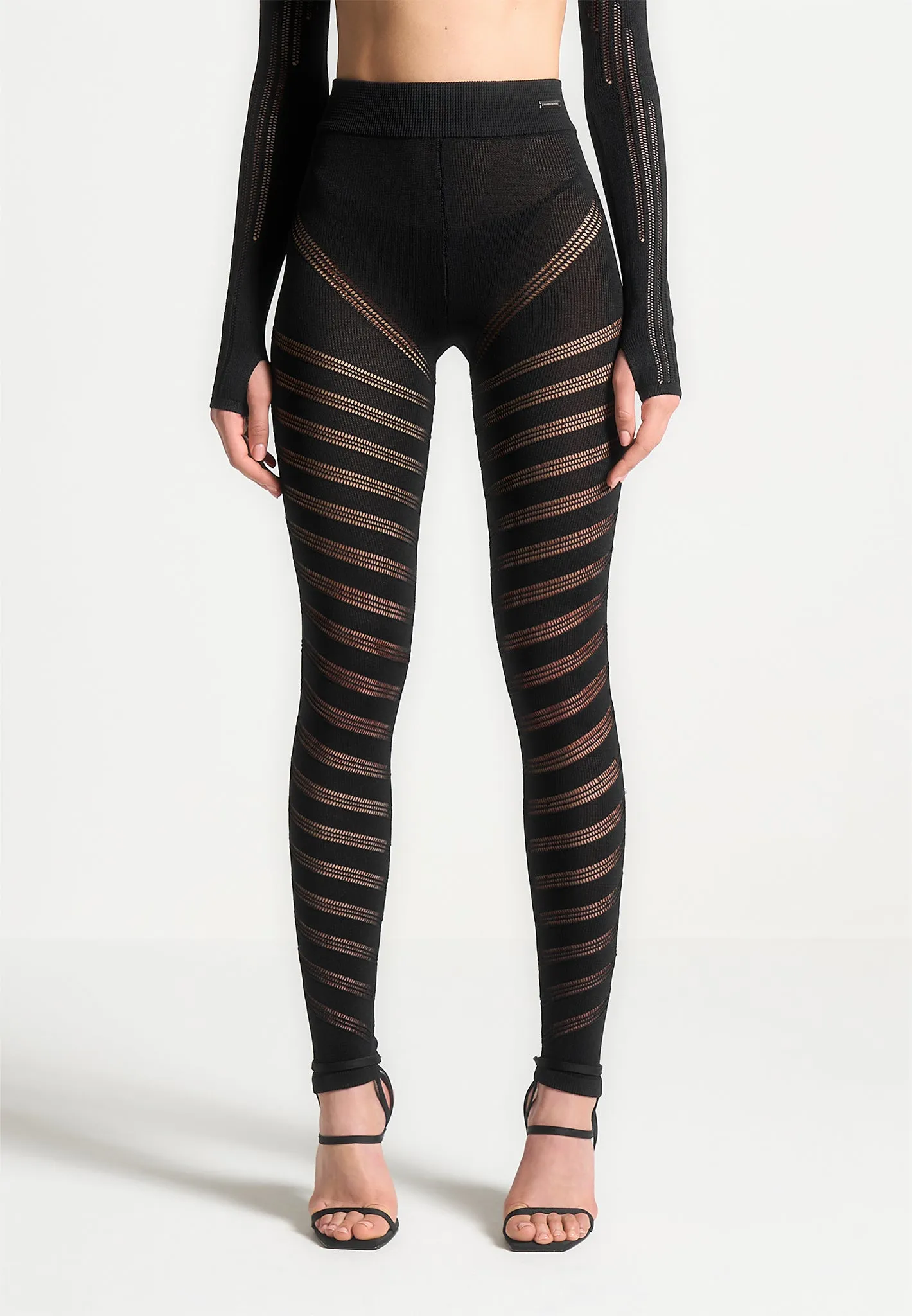 High Waisted Knitted Spiral Contour Leggings - Black