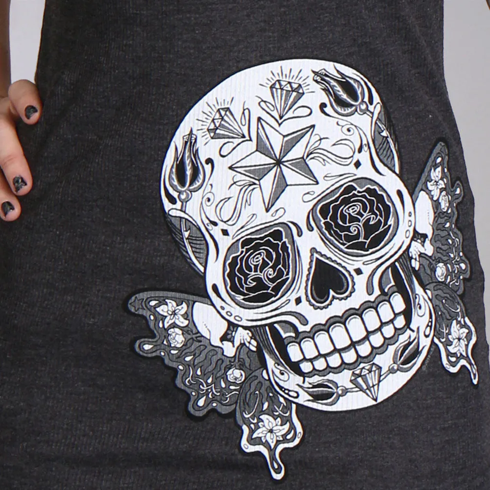 Hot Leathers GLR2388 'Butterfly Sugar Skull' Full Length Boy Beater Heather Charcoal Tank Top