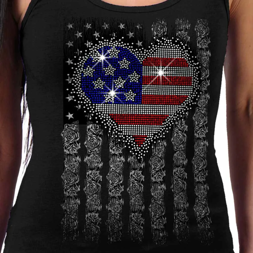 Hot Leathers GLR2559 Ladies Black Heart Bling Flag Tank Top Shirt