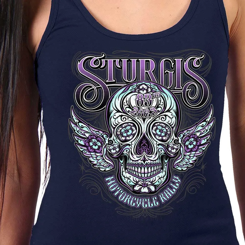 Hot Leathers SPL2860 Women's Navy 2023 Sturgis Antique Sugar Skull Tank Top Shirt