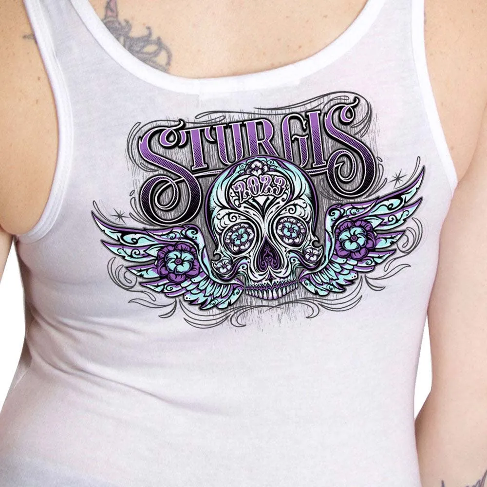 Hot Leathers SPL2861 Women's White 2023 Sturgis Antique Sugar Skull Tank Top