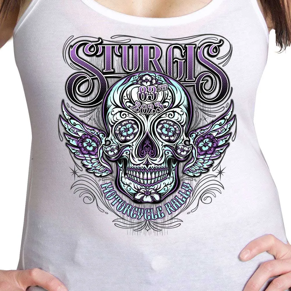 Hot Leathers SPL2861 Women's White 2023 Sturgis Antique Sugar Skull Tank Top