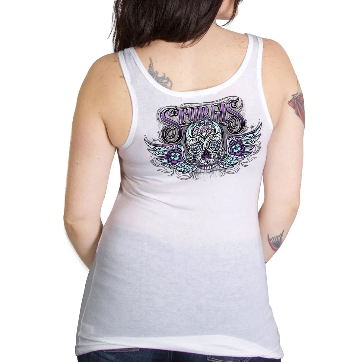 Hot Leathers SPL2861 Women's White 2023 Sturgis Antique Sugar Skull Tank Top