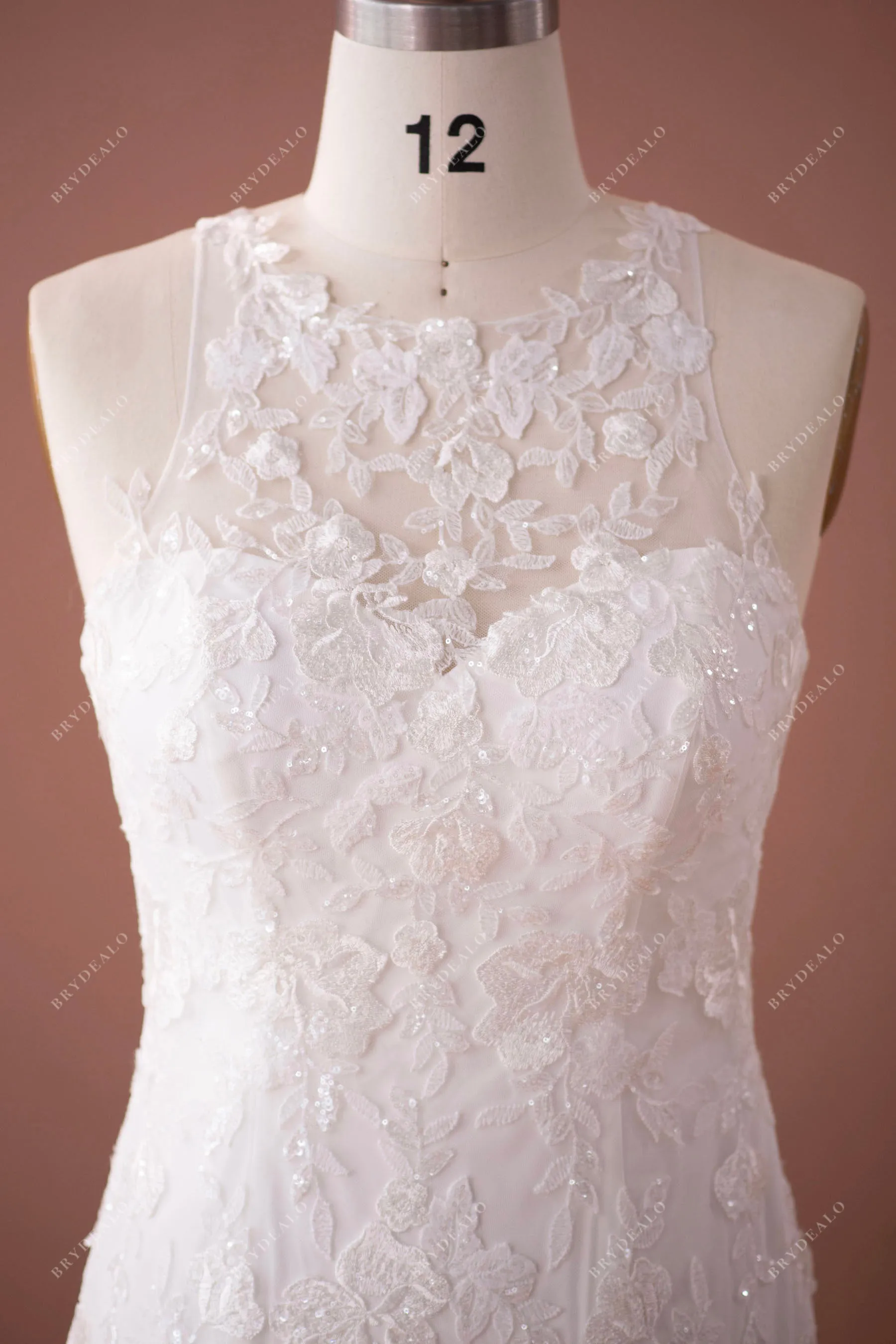 Illusion Halter Neck Elegant Sequin Lace Mermaid Wedding Dress