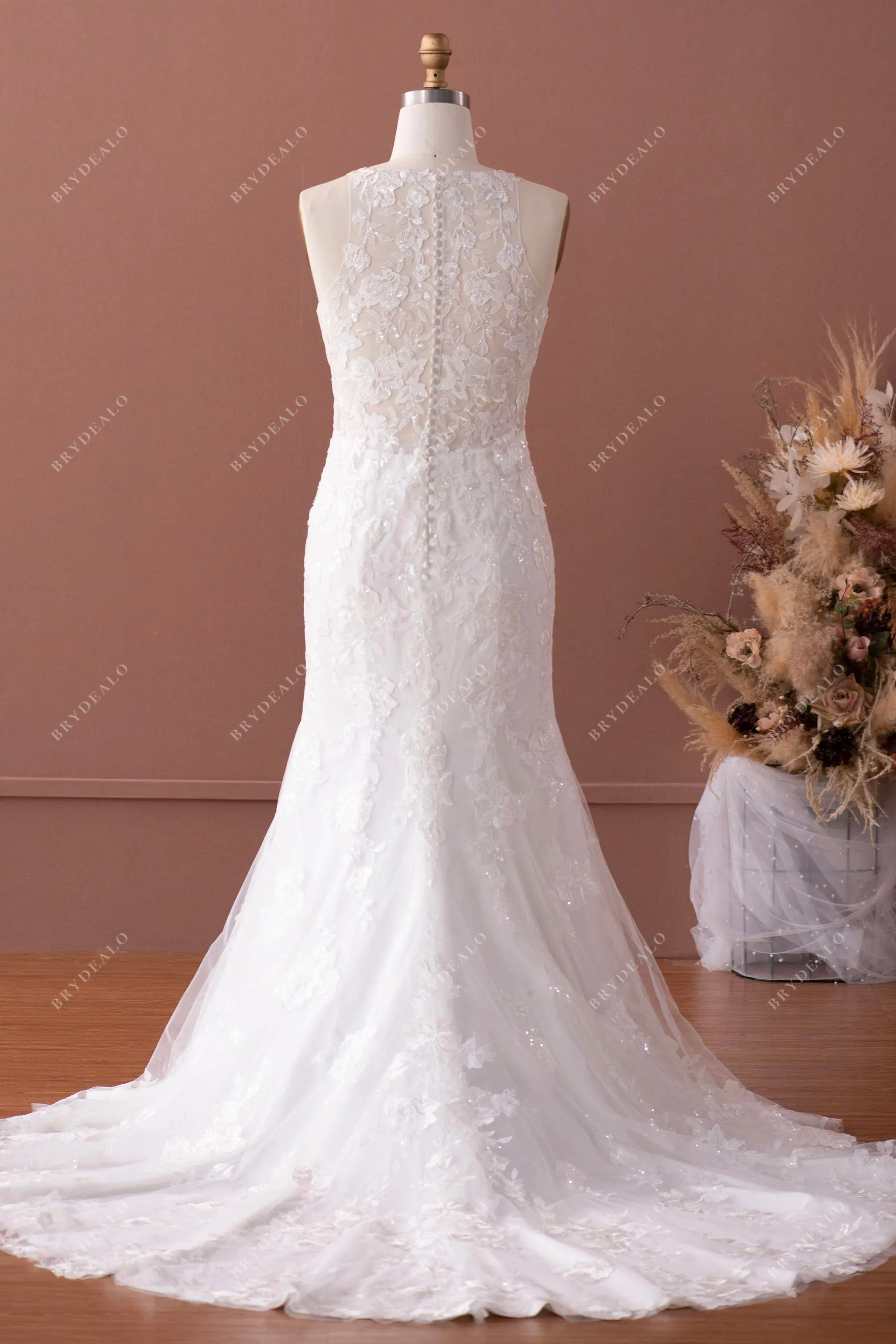 Illusion Halter Neck Elegant Sequin Lace Mermaid Wedding Dress