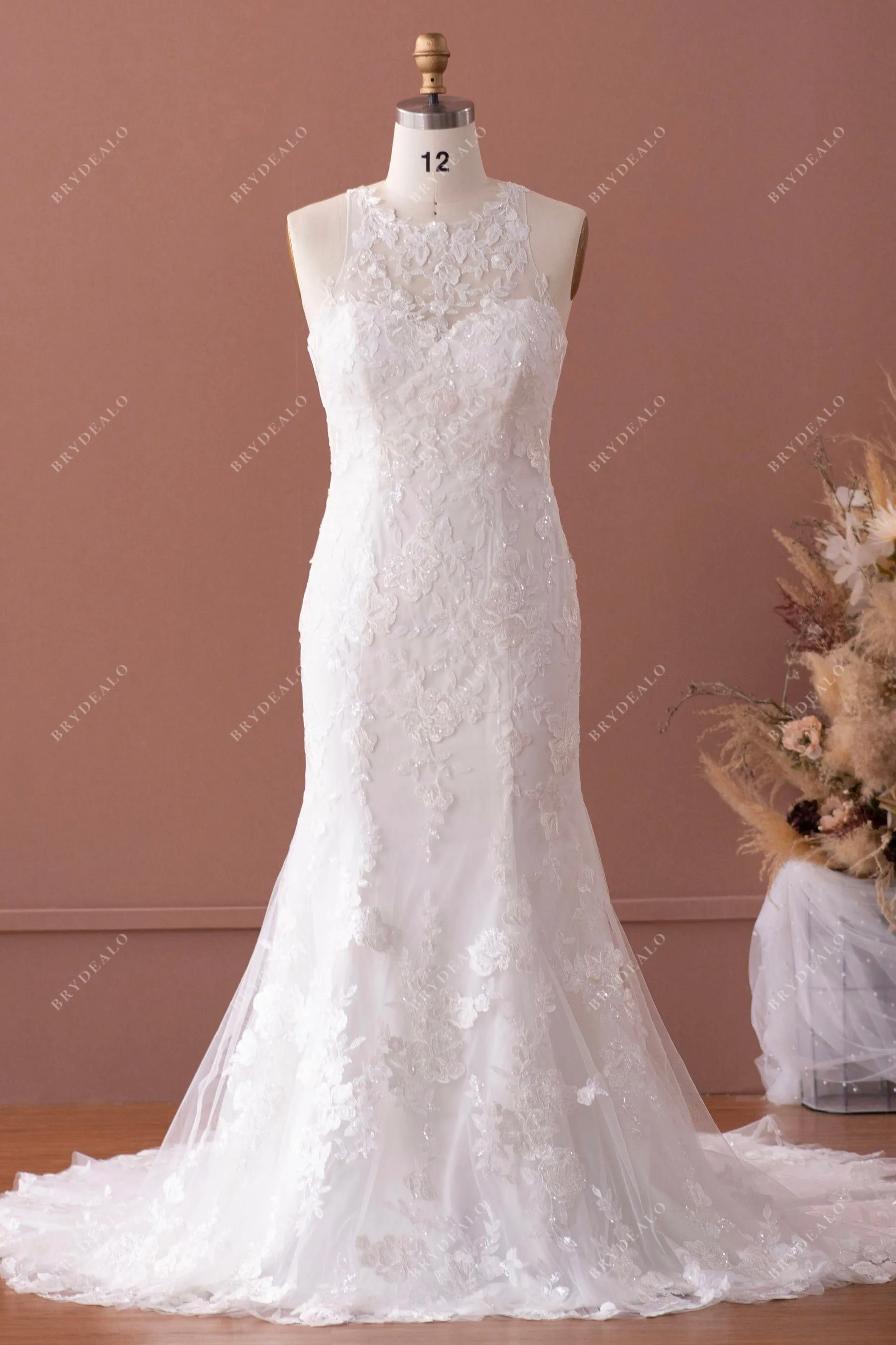 Illusion Halter Neck Elegant Sequin Lace Mermaid Wedding Dress