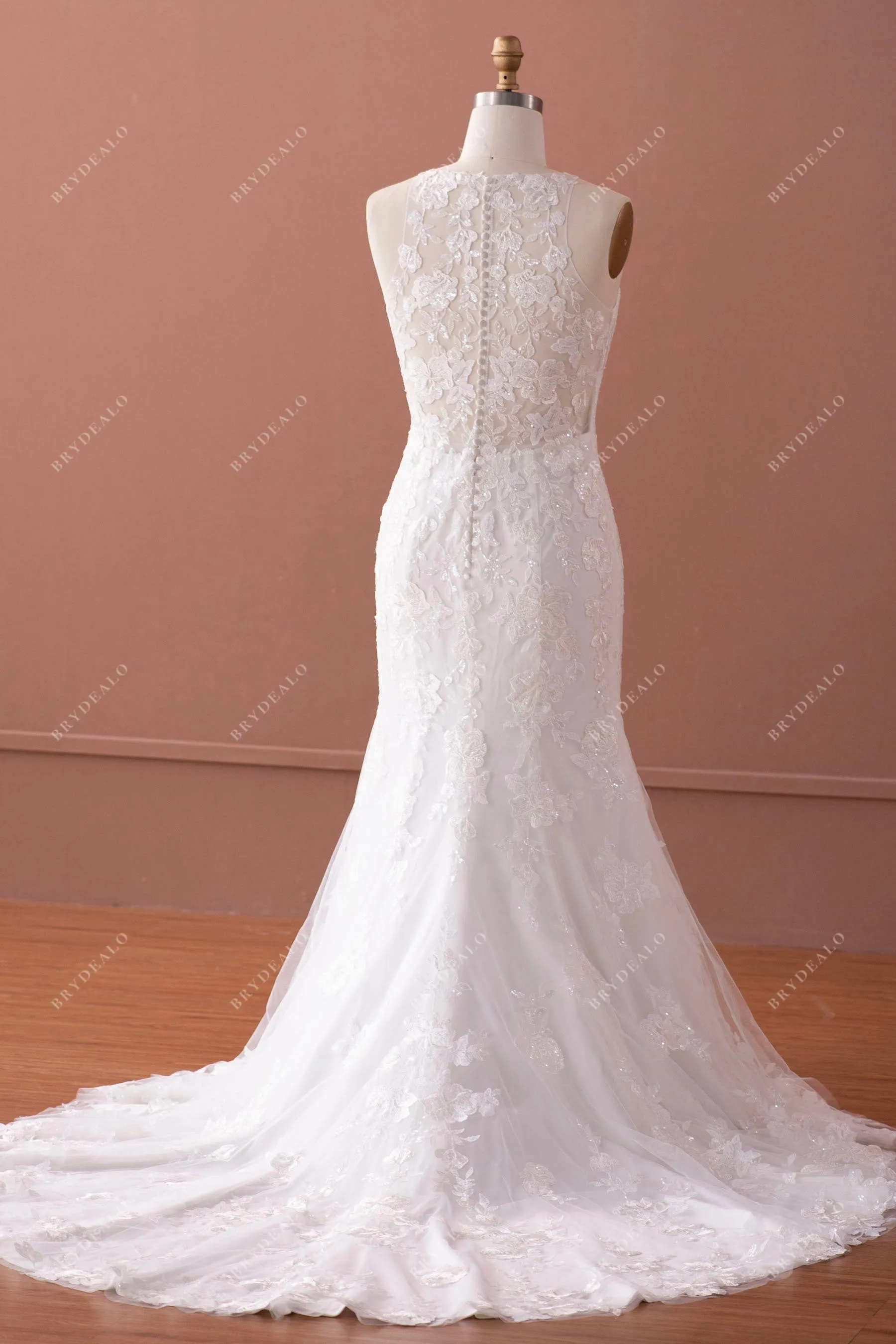 Illusion Halter Neck Elegant Sequin Lace Mermaid Wedding Dress