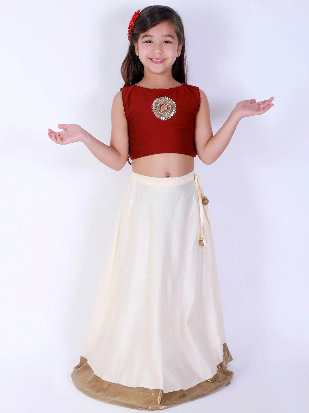 Jashvi Girl's Maroon And White Viscose Crop Top With Skirt Set