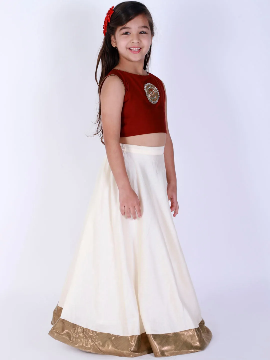 Jashvi Girl's Maroon And White Viscose Crop Top With Skirt Set