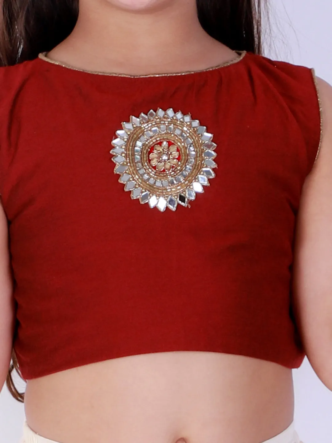 Jashvi Girl's Maroon And White Viscose Crop Top With Skirt Set