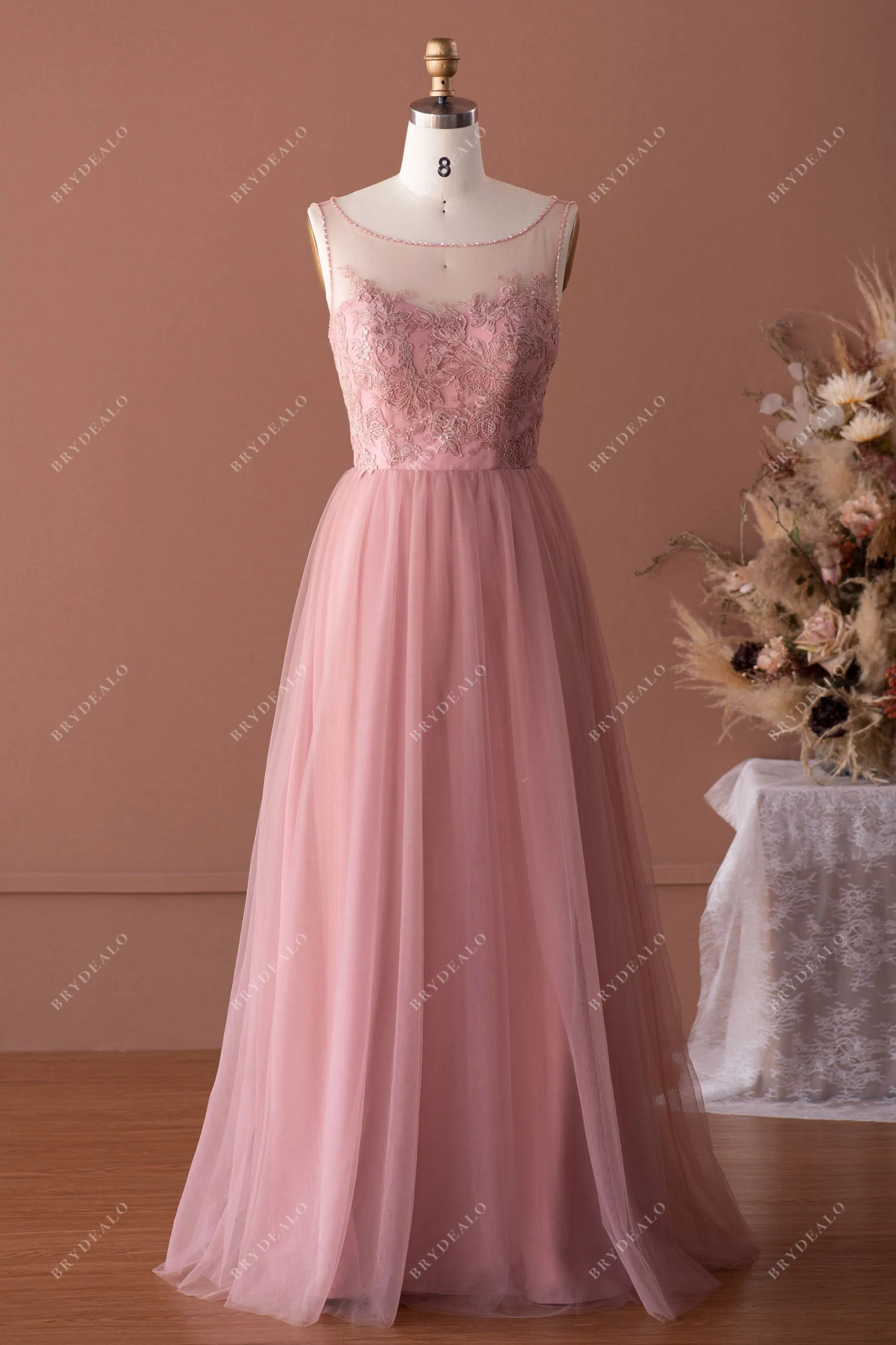 Keyhole Back Beaded Lace Tulle Bridesmaid Dress