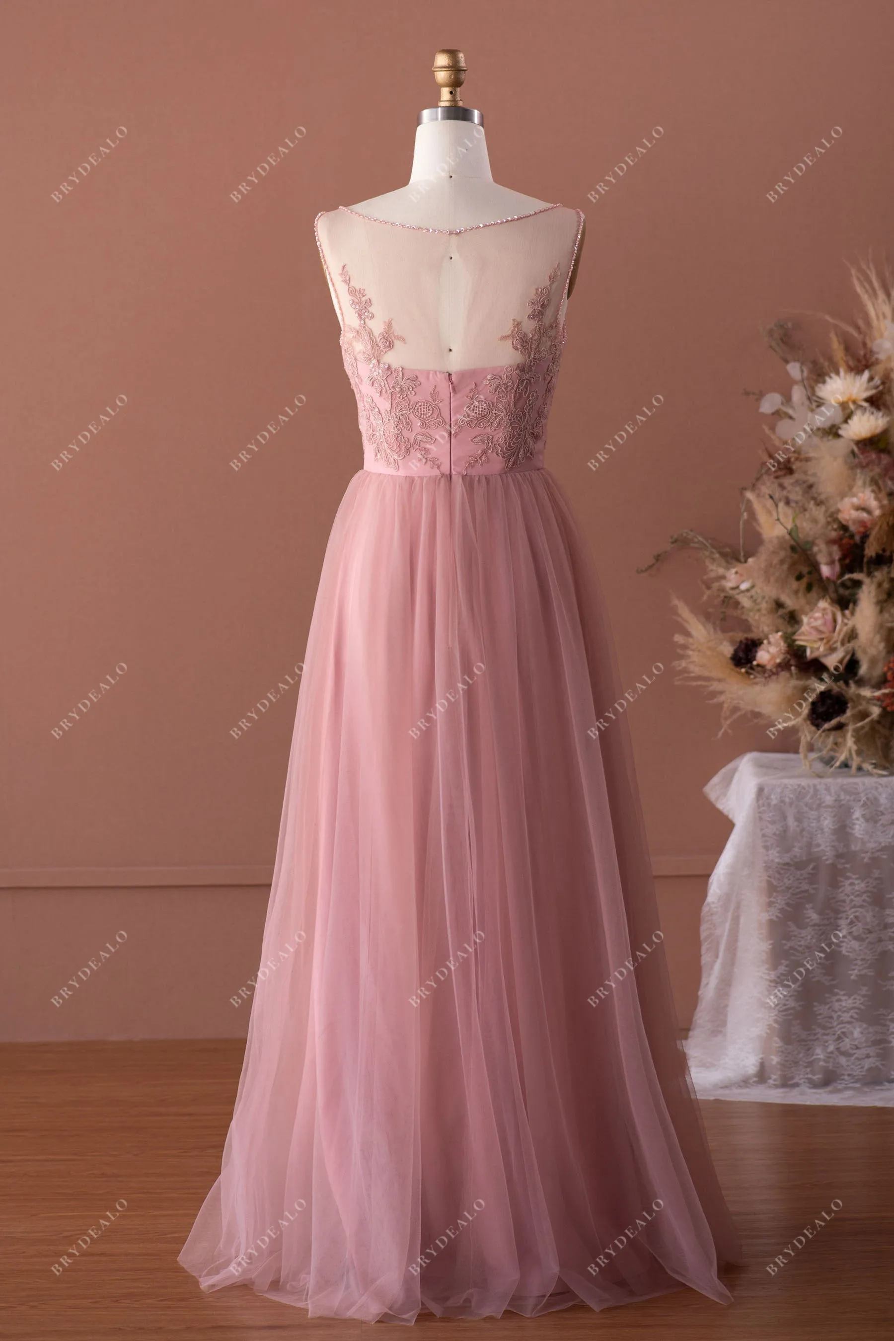 Keyhole Back Beaded Lace Tulle Bridesmaid Dress