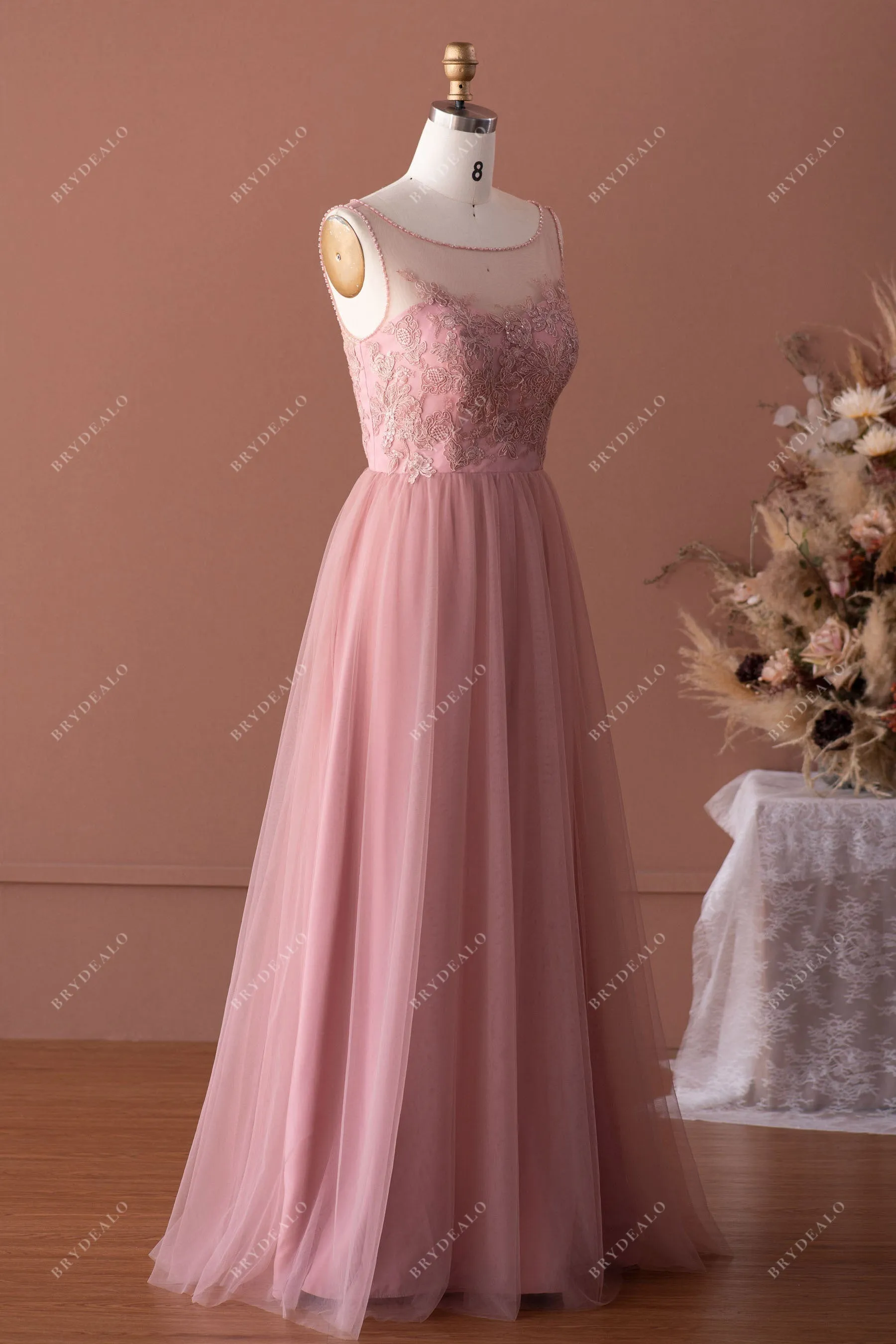 Keyhole Back Beaded Lace Tulle Bridesmaid Dress