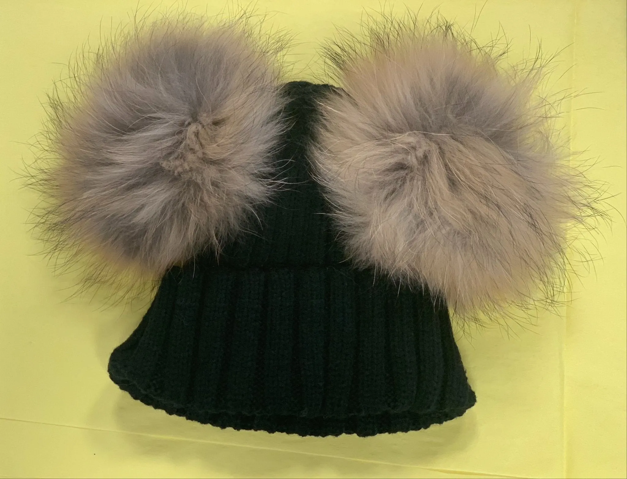 Kids and Adults Ribbed Cuffed Double Fur Pom Hat