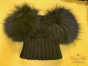 Kids and Adults Ribbed Cuffed Double Fur Pom Hat