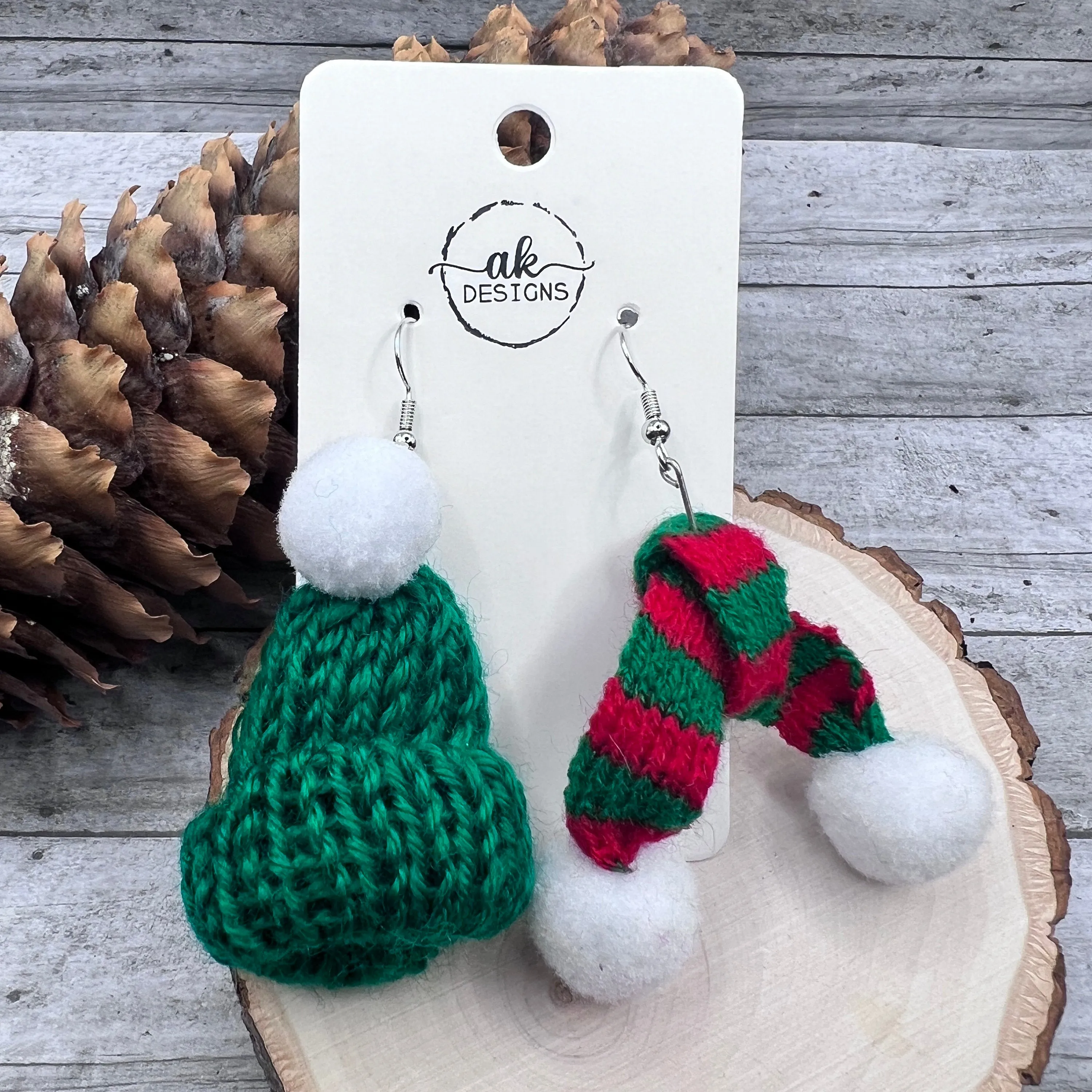 Knit Hat and Scarf Handmade Silly Quirky Oversized Winter Christmas Hypoallergenic  Lightweight Earrings