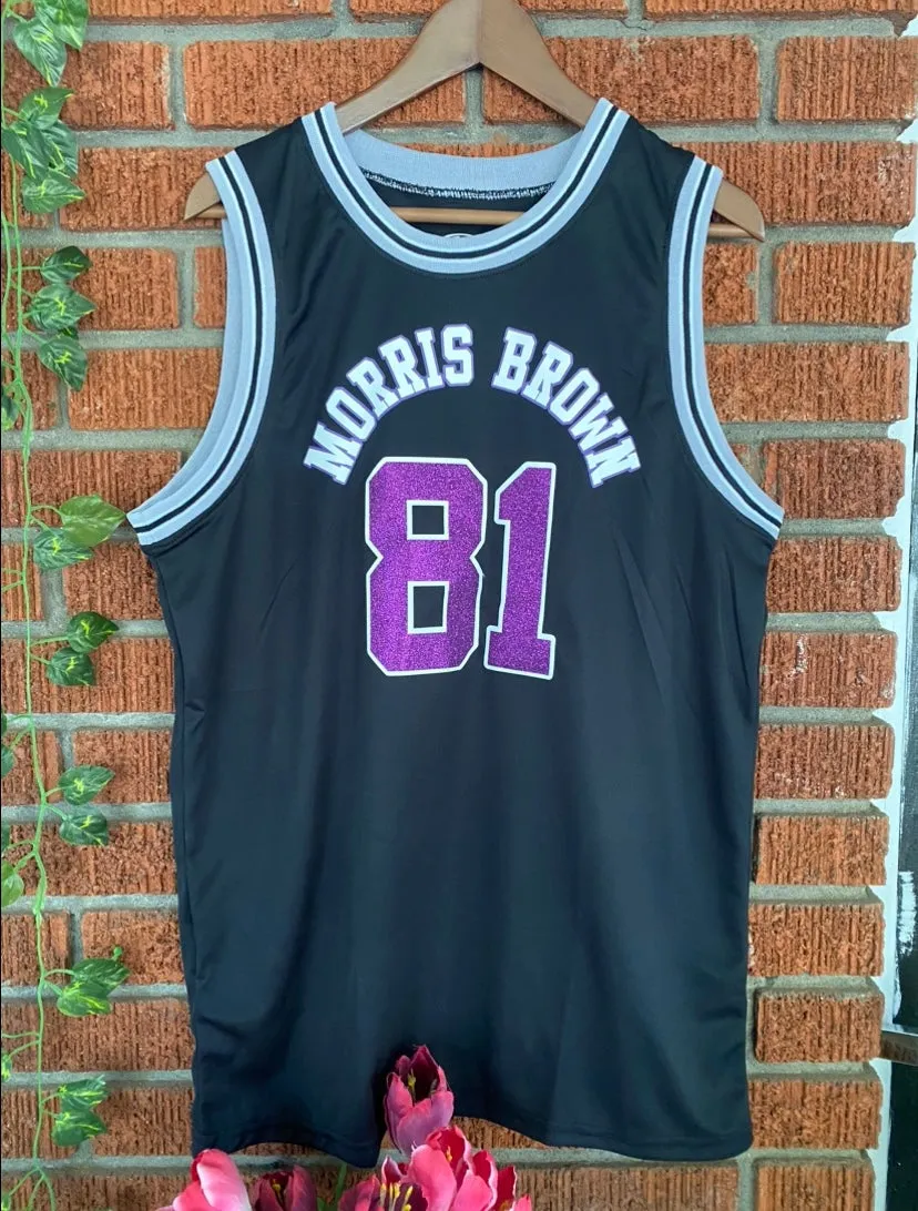 Ladies Bedazzled Handmade "Morris Brown 81 Wolverines 81" Black Purple Glitter Lace or No Lace Jersey Top