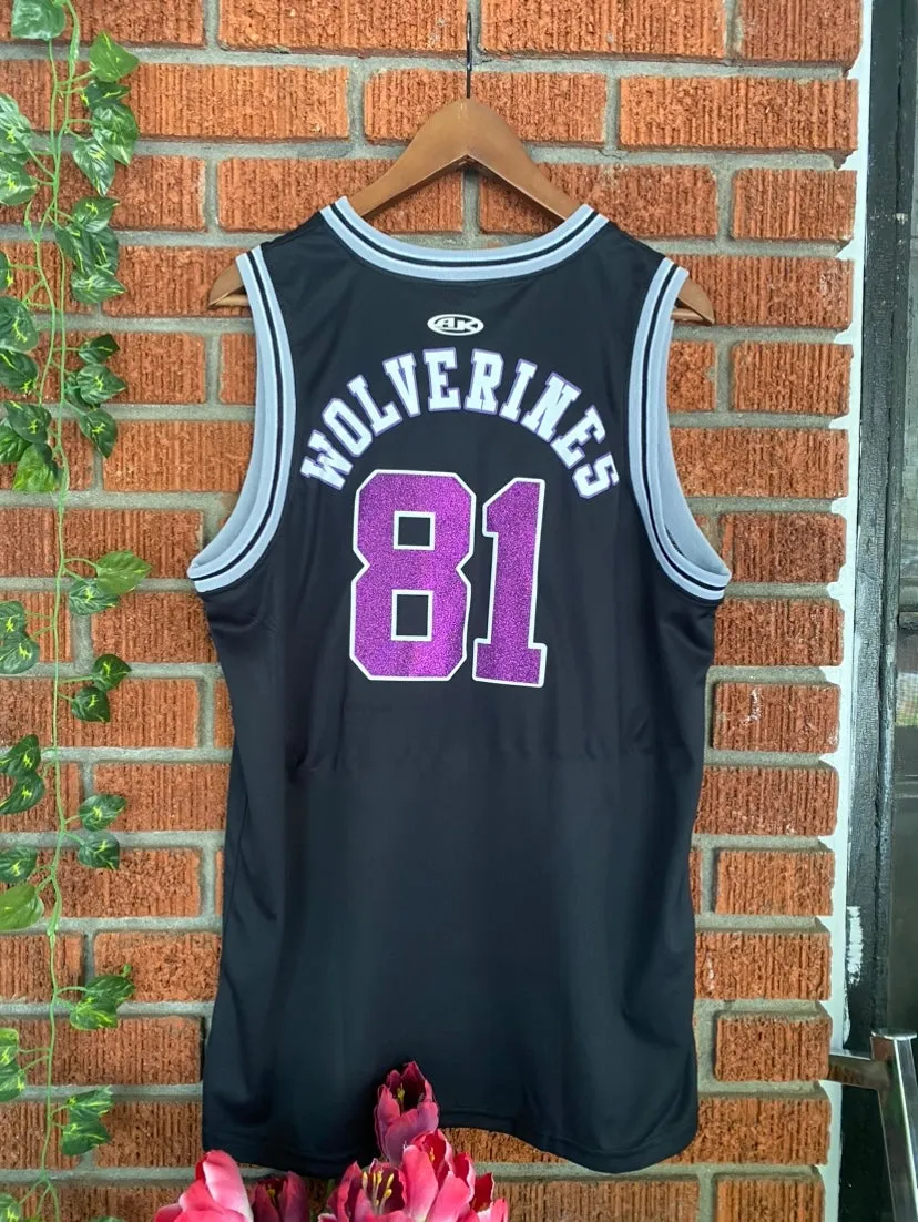 Ladies Bedazzled Handmade "Morris Brown 81 Wolverines 81" Black Purple Glitter Lace or No Lace Jersey Top