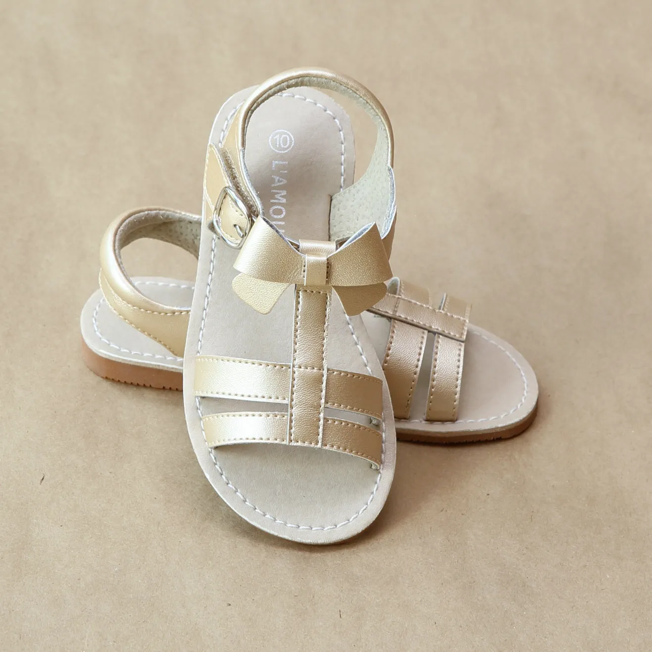 L'Amour Girls Leather T-Strap Bow Sandal