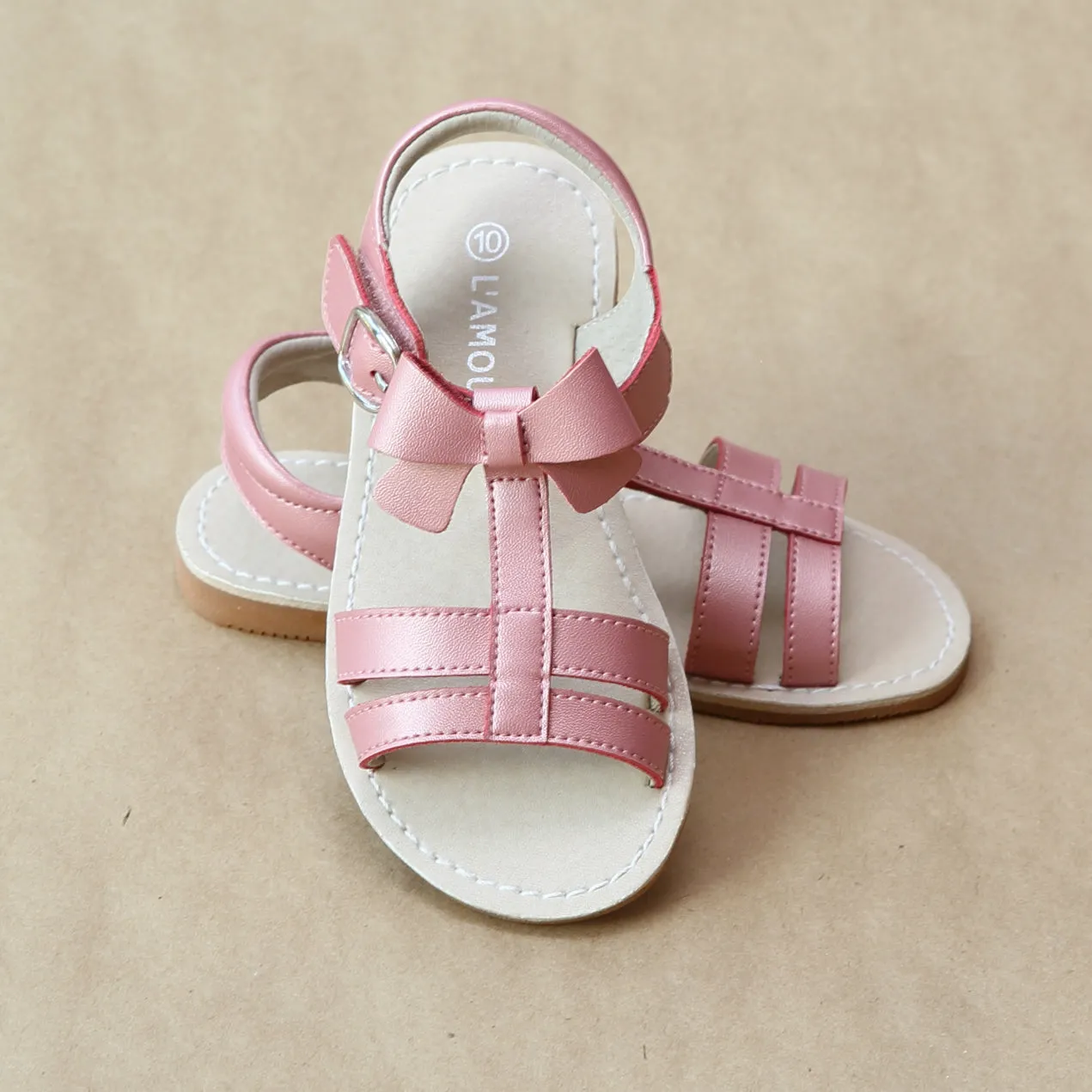 L'Amour Girls Leather T-Strap Bow Sandal