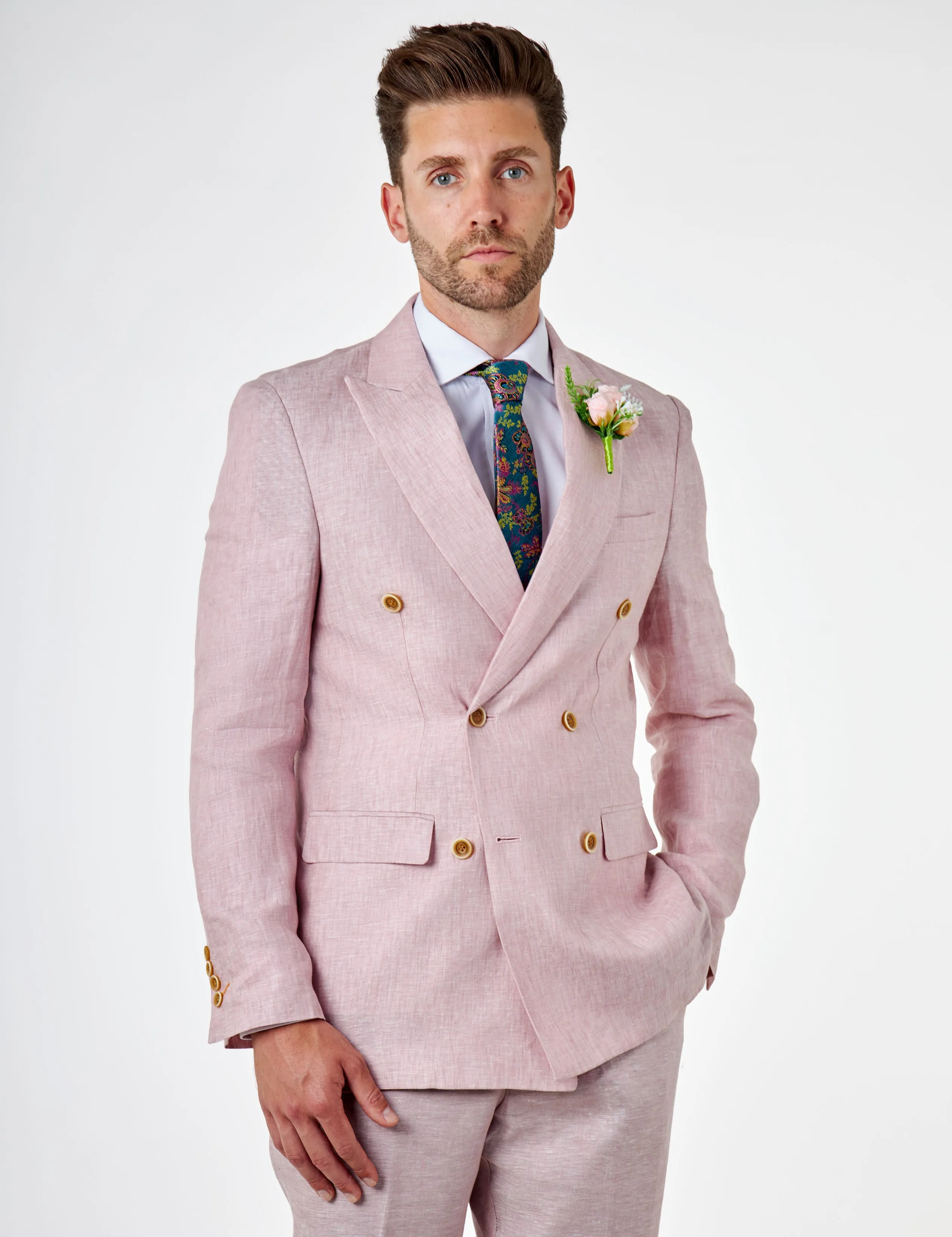 LEWIS - Tailored Fit Pink Linen Double Breasted Suit Jacket