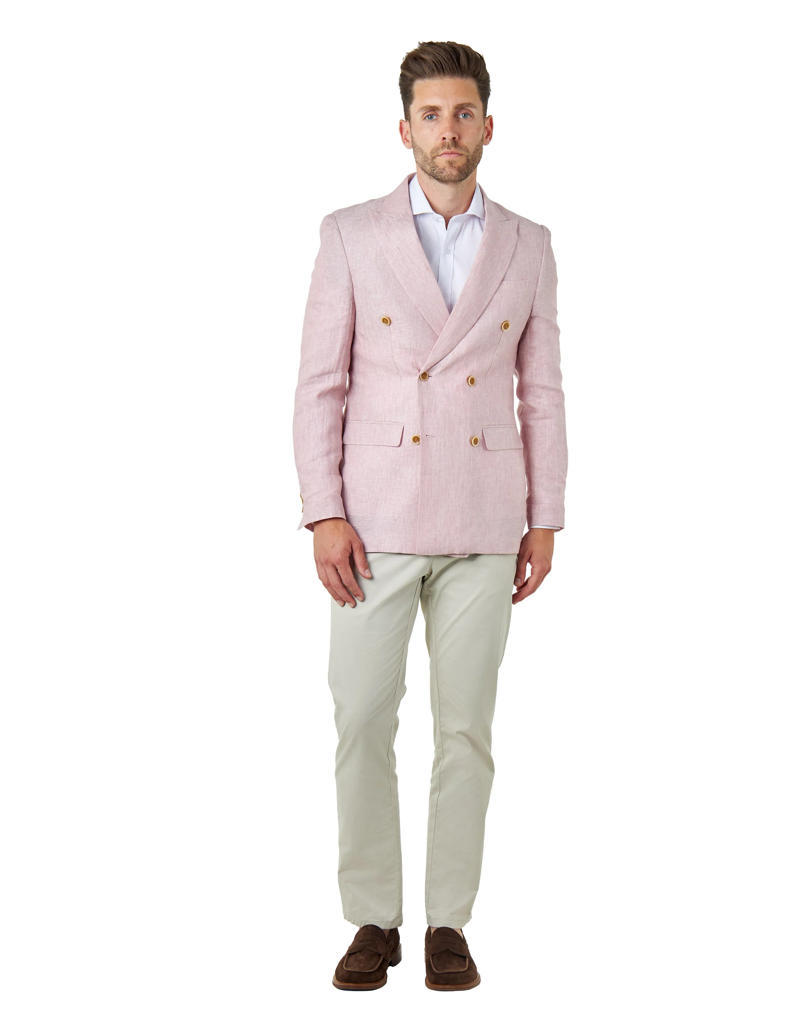 LEWIS - Tailored Fit Pink Linen Double Breasted Suit Jacket