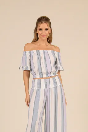 Lilac Summer Stripe Off Shoulder Bell Sleeve Top