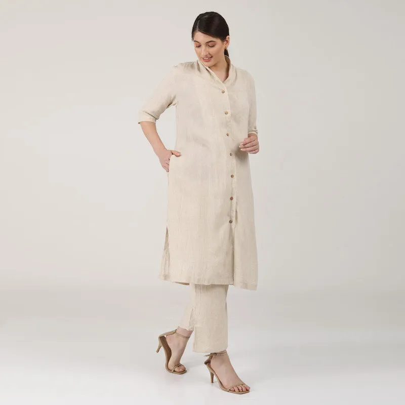 Linen Long Shirt Co Ord Set | Beige