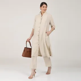 Linen Long Shirt Co Ord Set | Beige