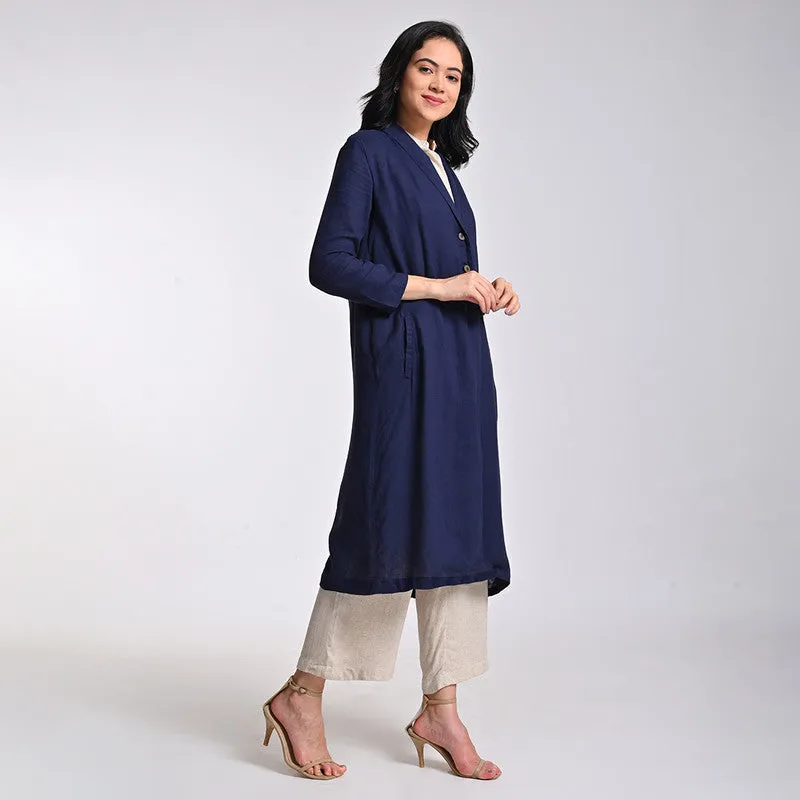 Linen Solid Co Ord Set For Women | Overlay, Shirt & Pant | Shawl Collar | Multicolour