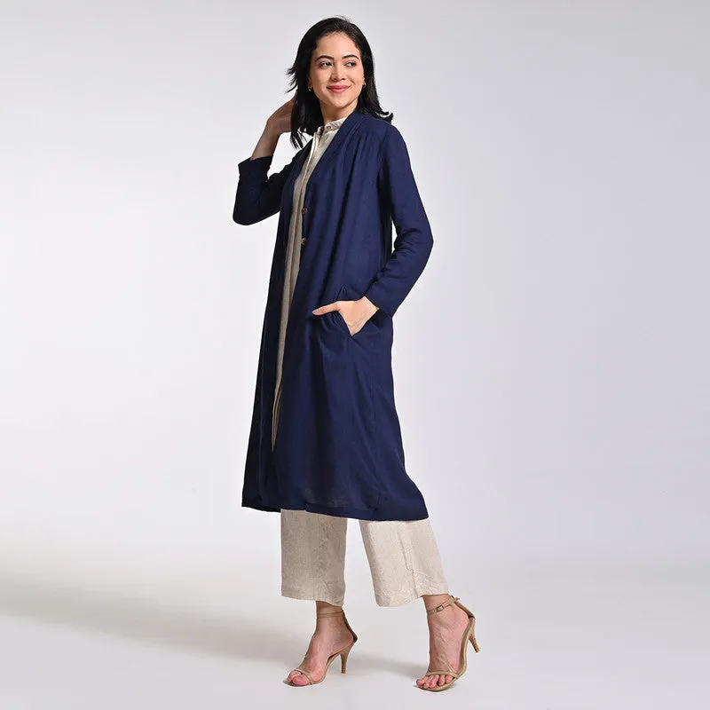 Linen Solid Co Ord Set For Women | Overlay, Shirt & Pant | Shawl Collar | Multicolour