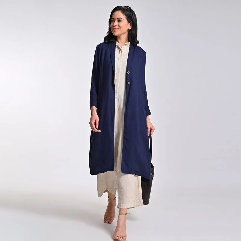 Linen Solid Co Ord Set For Women | Overlay, Shirt & Pant | Shawl Collar | Multicolour