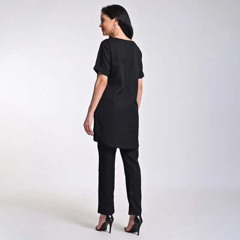 Linen Solid Co Ord Set For Women | Tunic & Pant | Boat Neck | Black