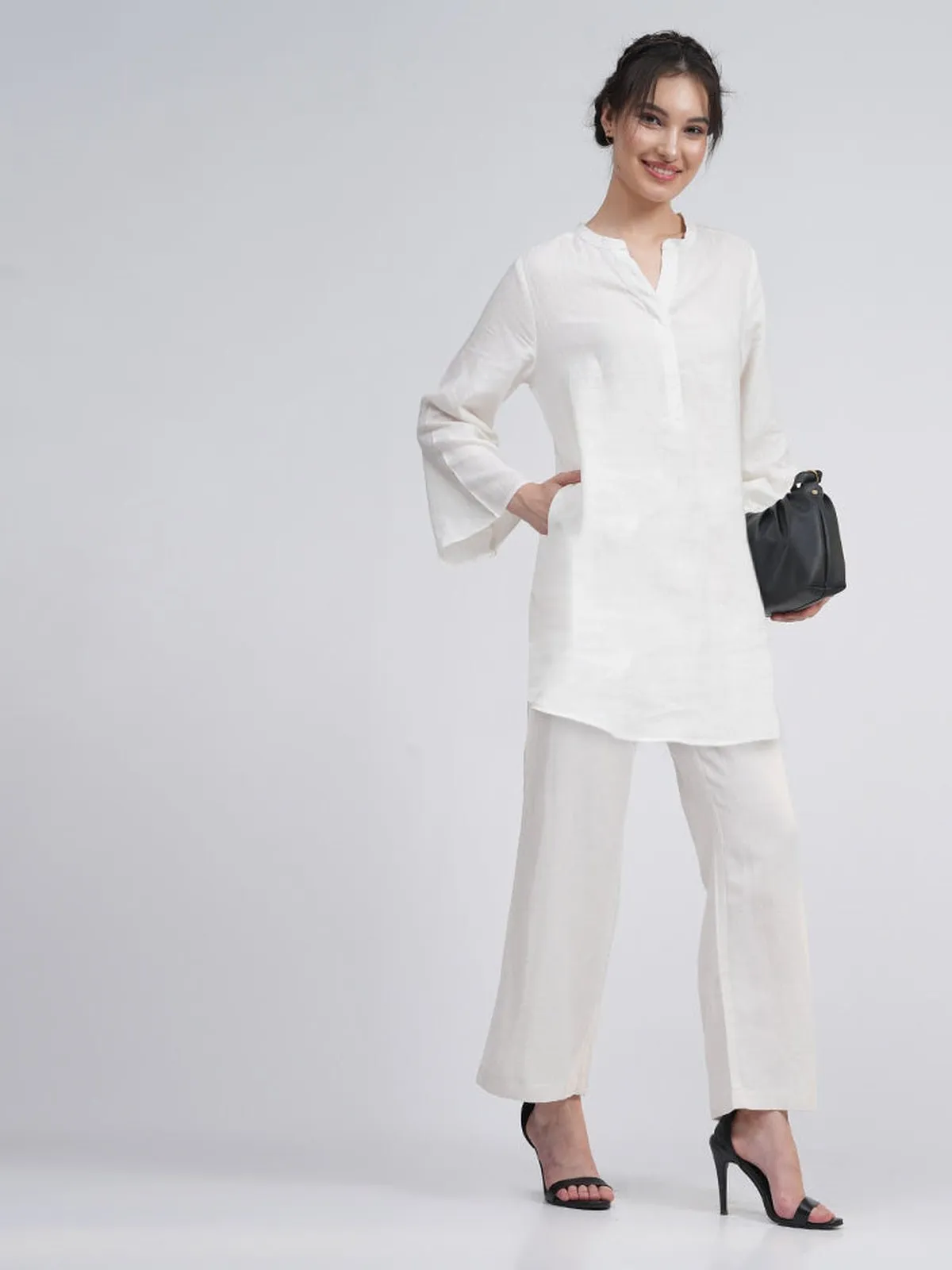 Linen Solid Mandarin Neck Top with Trousers Co-ord Set