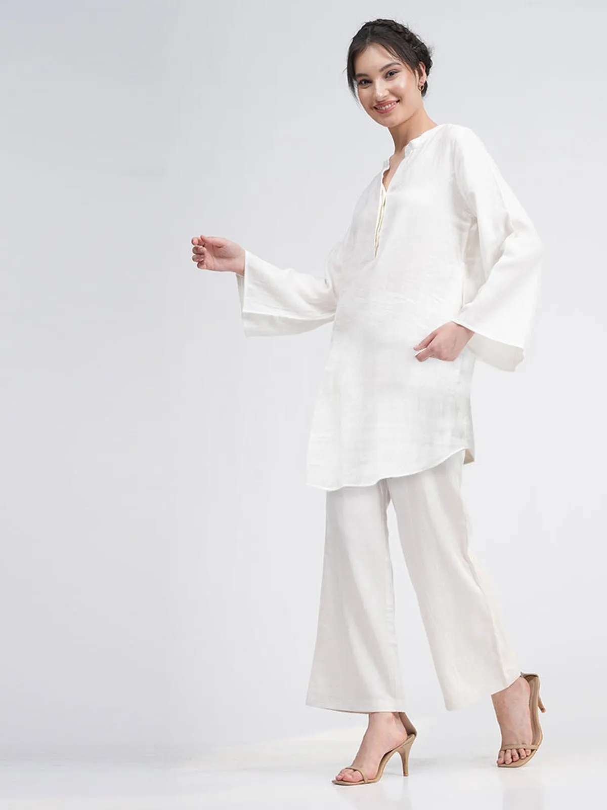 Linen Solid Mandarin Neck Top with Trousers Co-ord Set