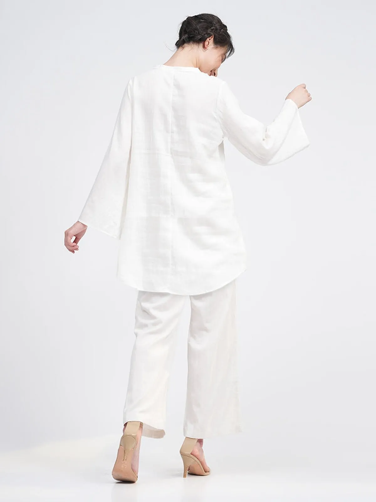 Linen Solid Mandarin Neck Top with Trousers Co-ord Set