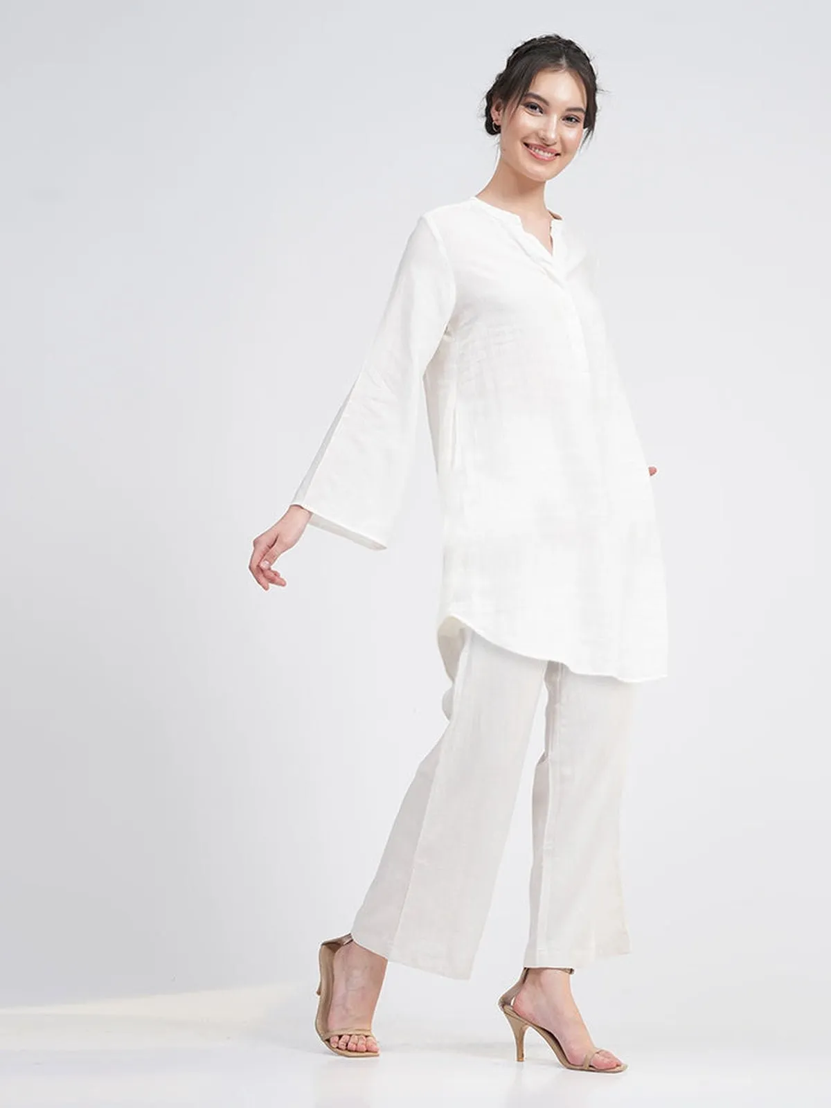 Linen Solid Mandarin Neck Top with Trousers Co-ord Set