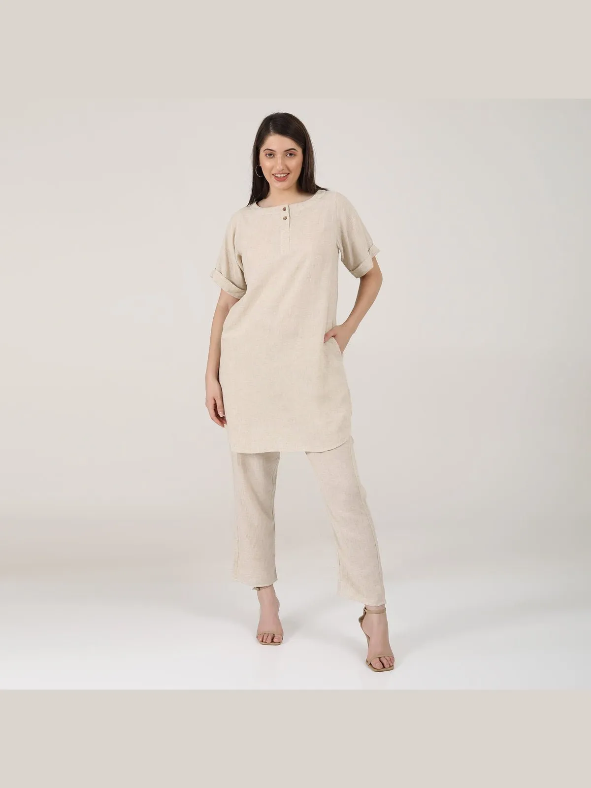 Linen Solid Poised Tunic with Tapered Leg Trousers Co-ord Set