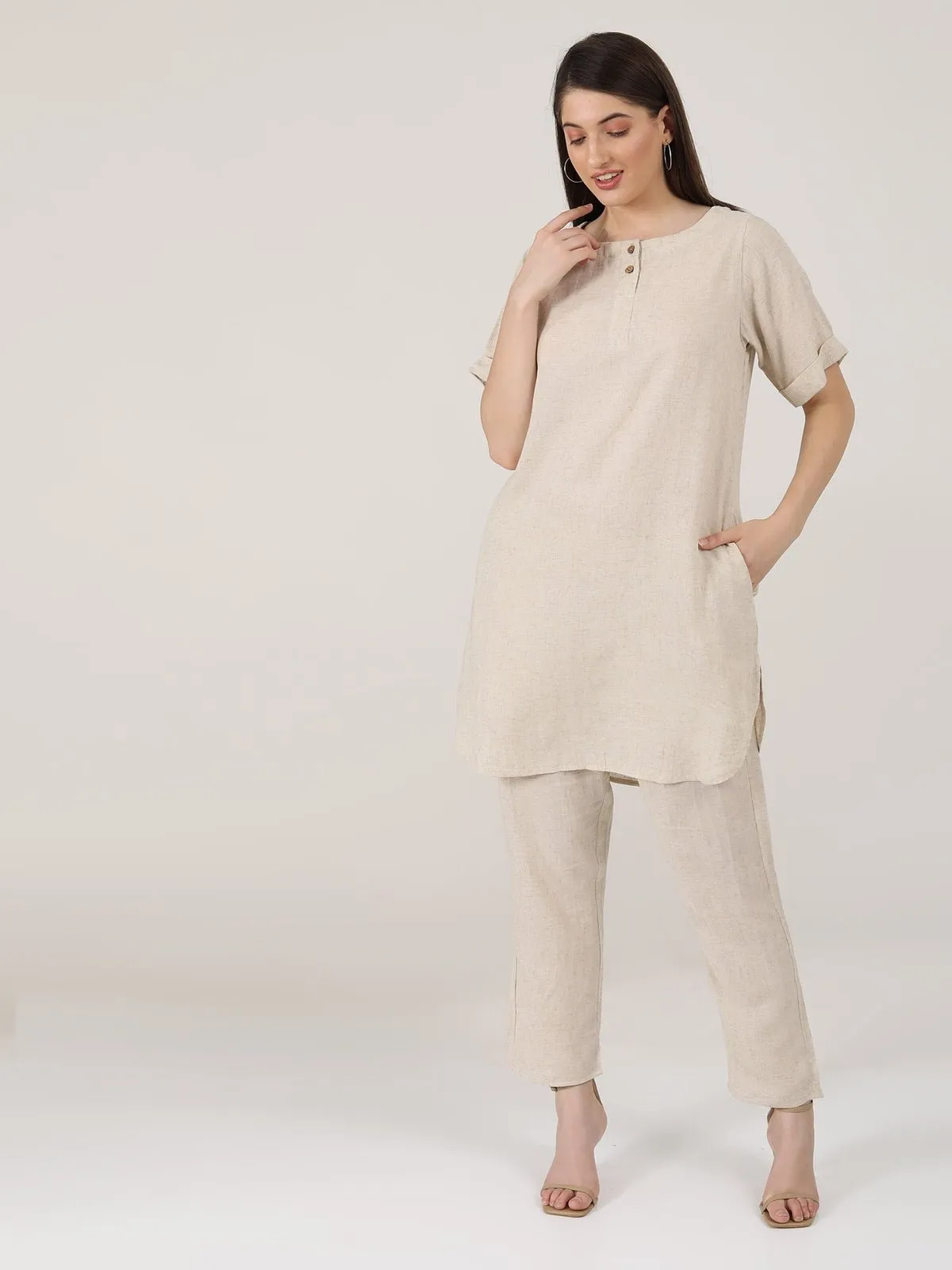 Linen Solid Poised Tunic with Tapered Leg Trousers Co-ord Set