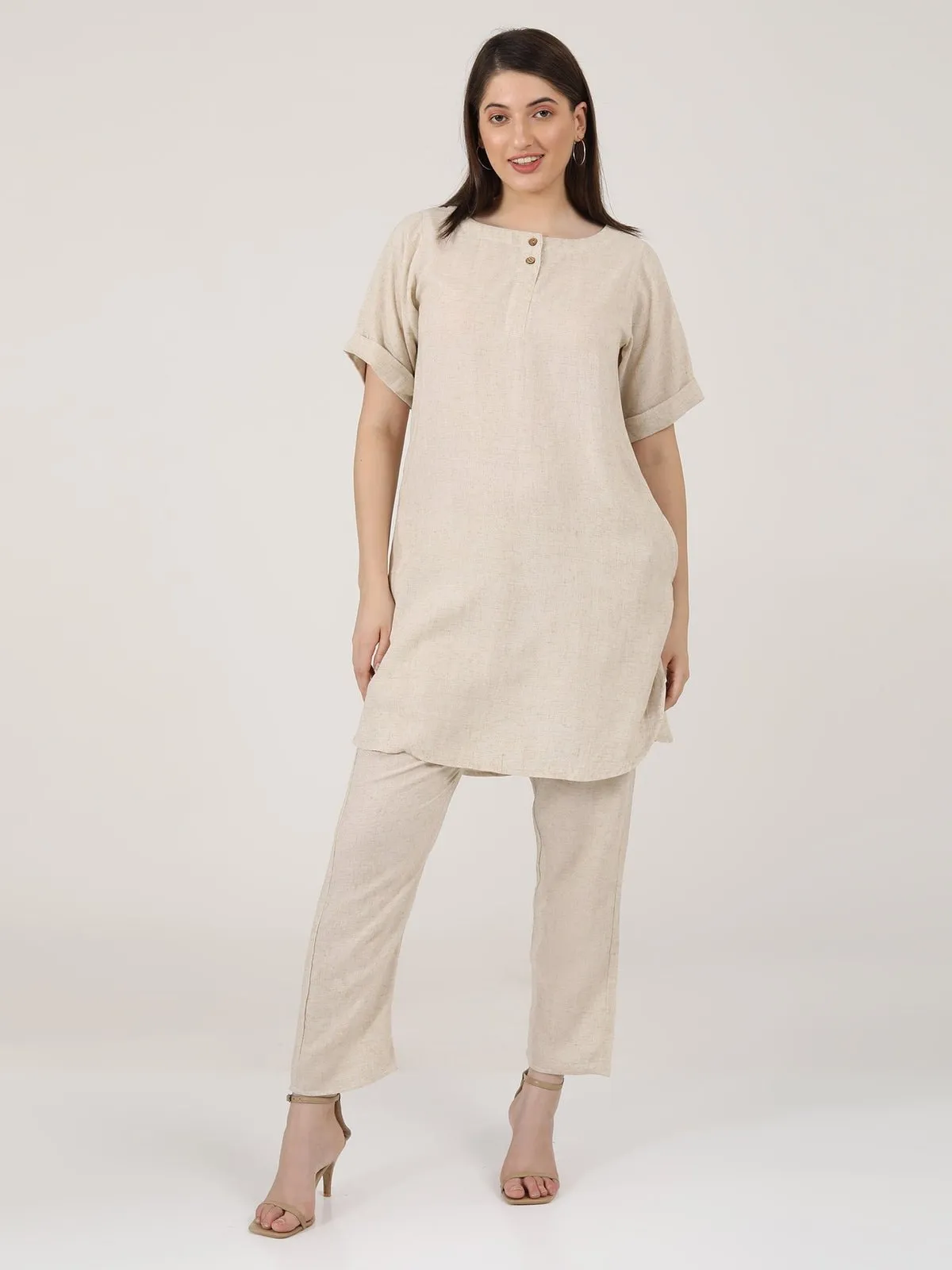 Linen Solid Poised Tunic with Tapered Leg Trousers Co-ord Set