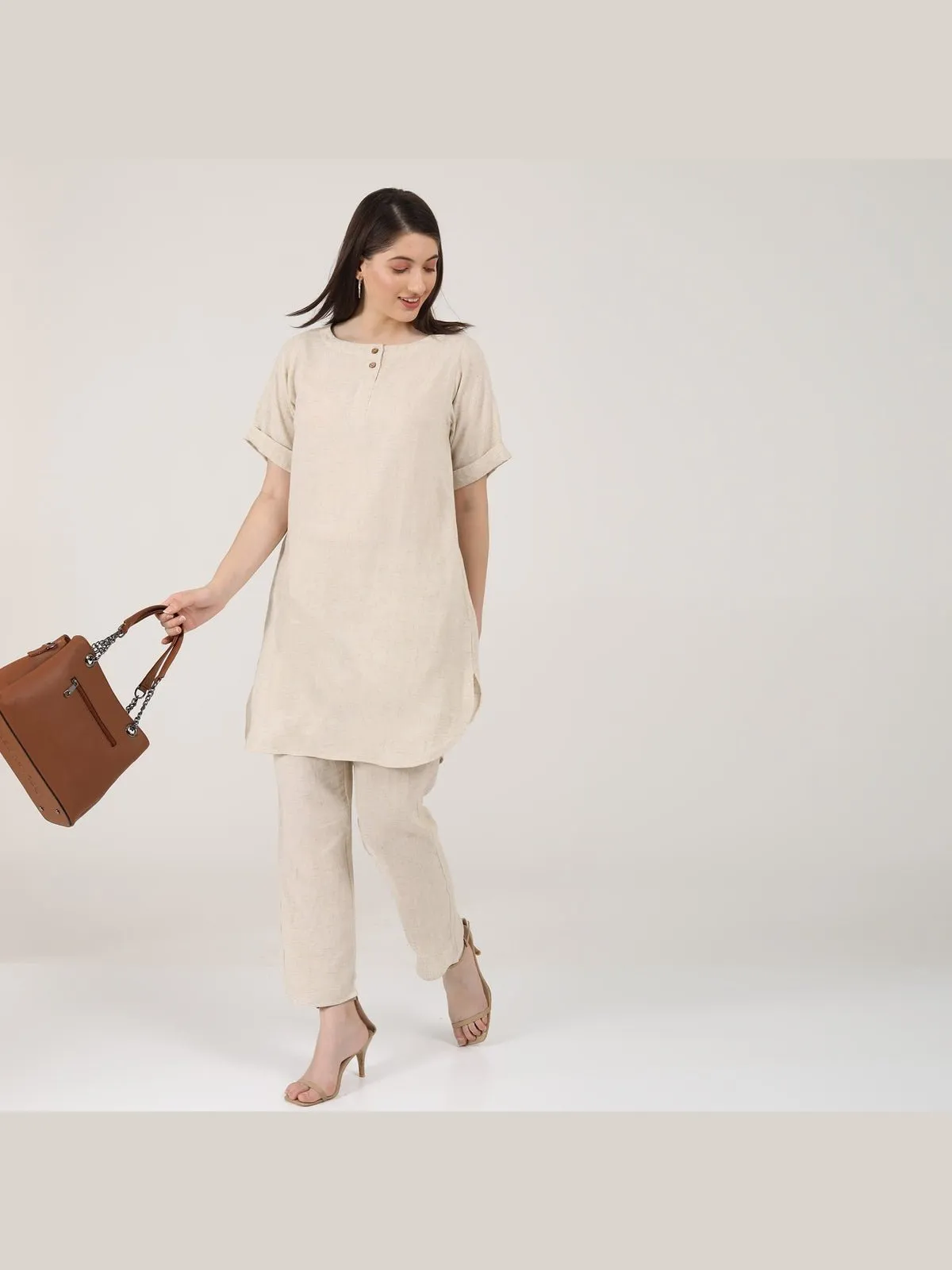 Linen Solid Poised Tunic with Tapered Leg Trousers Co-ord Set