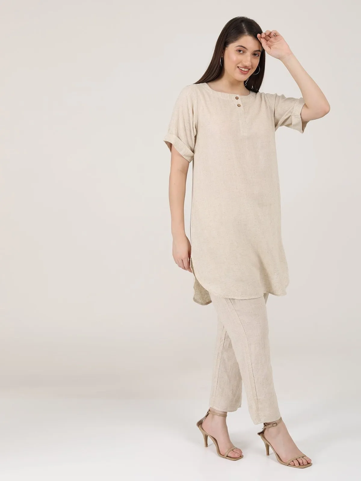 Linen Solid Poised Tunic with Tapered Leg Trousers Co-ord Set