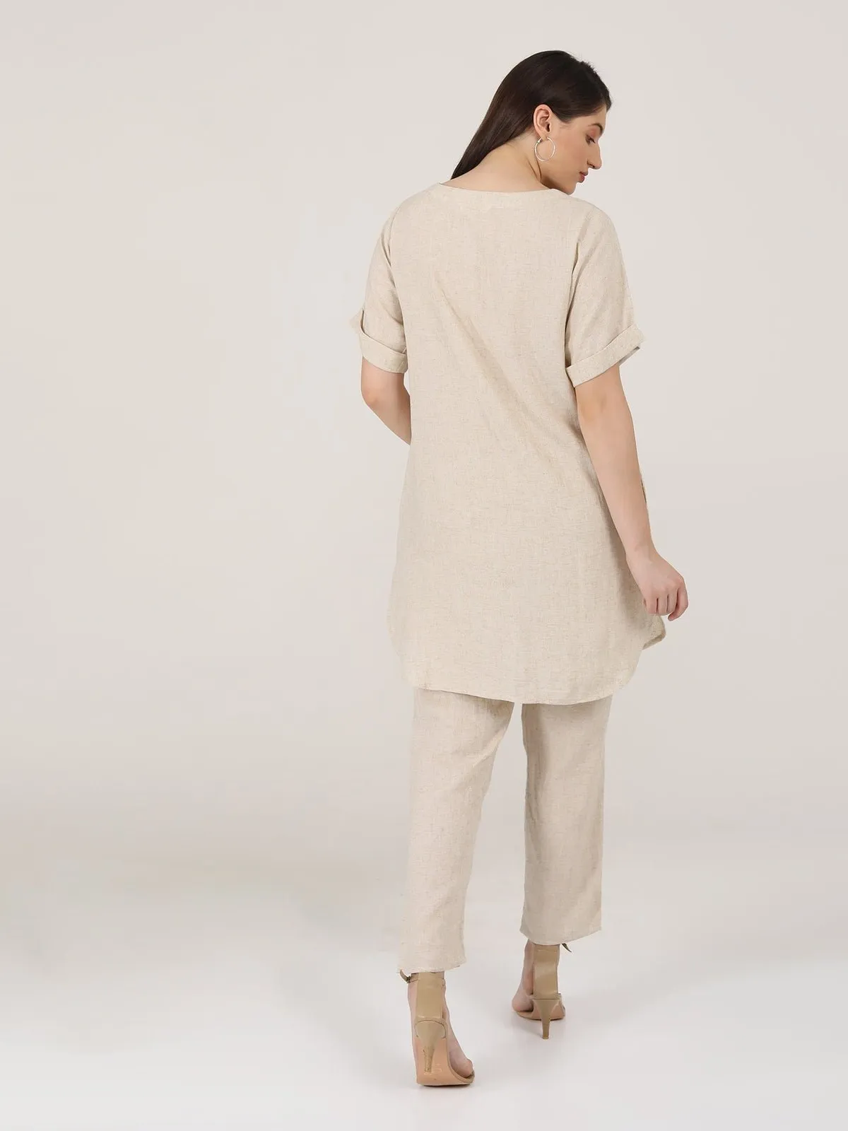 Linen Solid Poised Tunic with Tapered Leg Trousers Co-ord Set